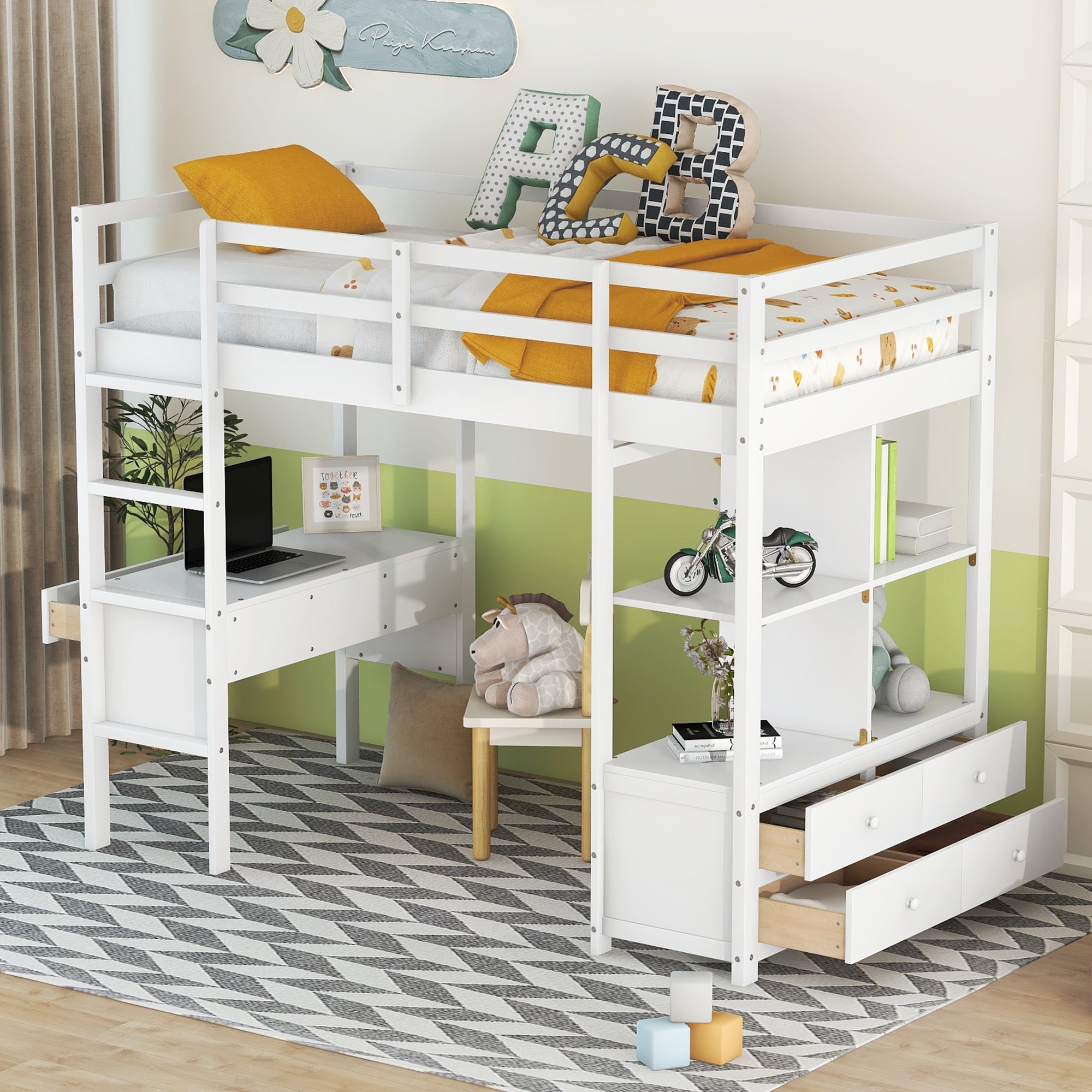 Royard Oaktree Loft Bed with Built-in Desk and Storage Shelves with Drawers Wood Loft Bed Frame with Ladder and Guardrails