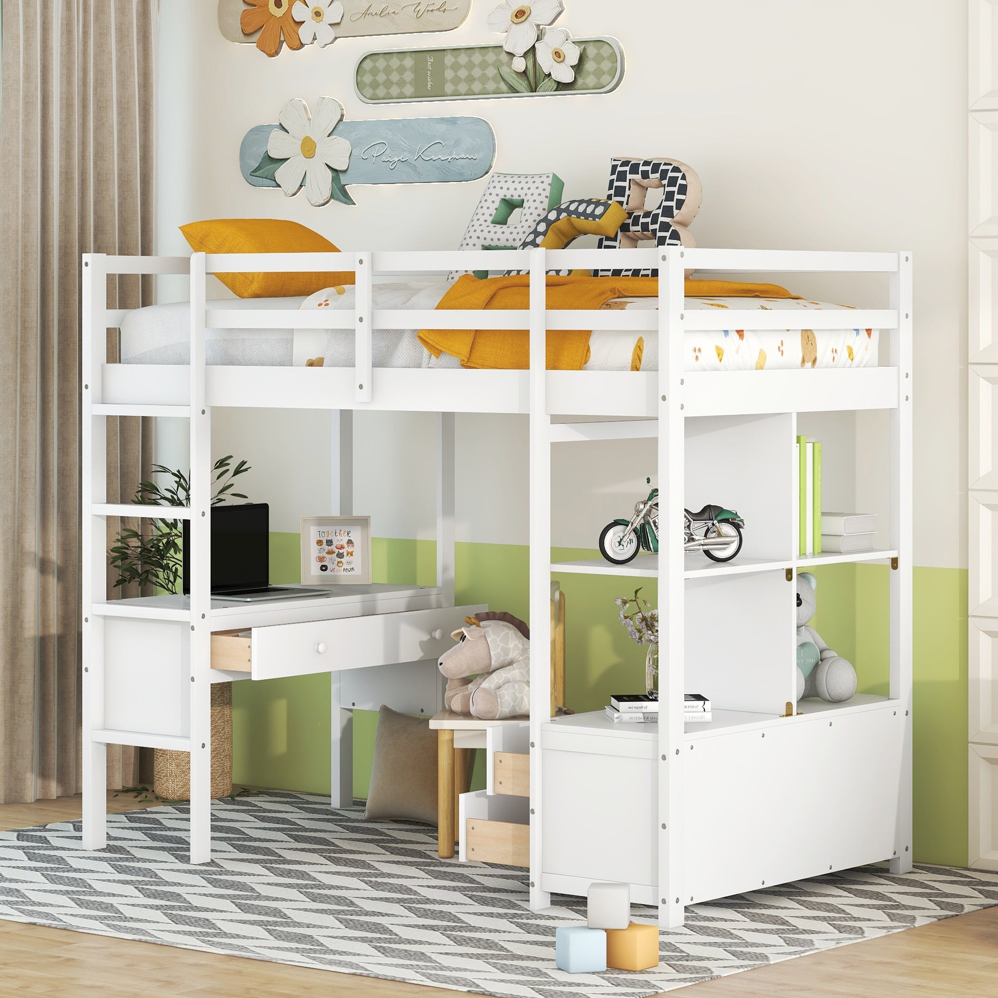 Royard Oaktree Loft Bed with Built-in Desk and Storage Shelves with Drawers Wood Loft Bed Frame with Ladder and Guardrails