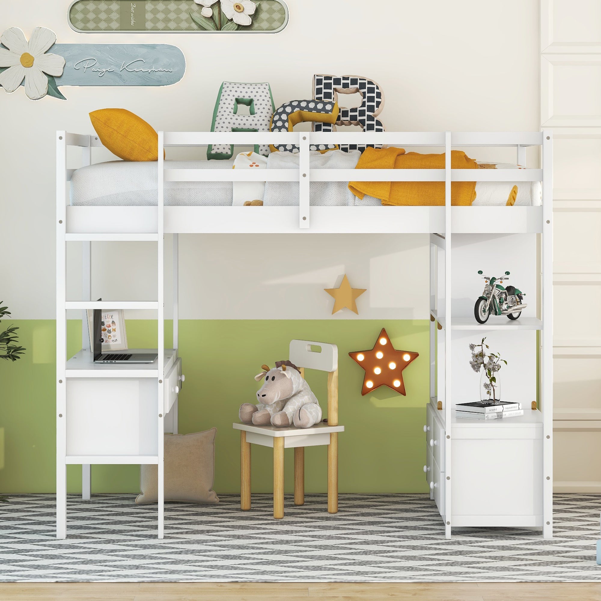 Royard Oaktree Loft Bed with Built-in Desk and Storage Shelves with Drawers Wood Loft Bed Frame with Ladder and Guardrails