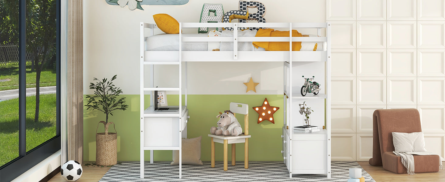 Royard Oaktree Loft Bed with Built-in Desk and Storage Shelves with Drawers Wood Loft Bed Frame with Ladder and Guardrails