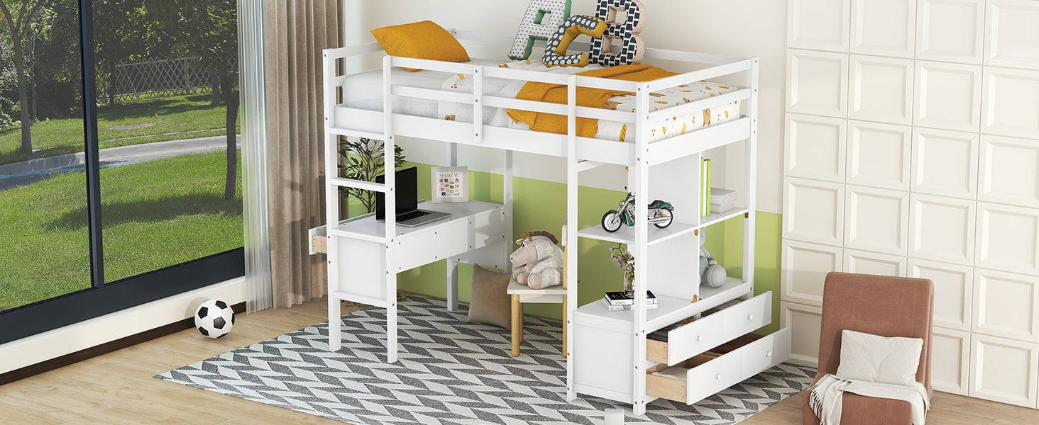 Royard Oaktree Loft Bed with Built-in Desk and Storage Shelves with Drawers Wood Loft Bed Frame with Ladder and Guardrails