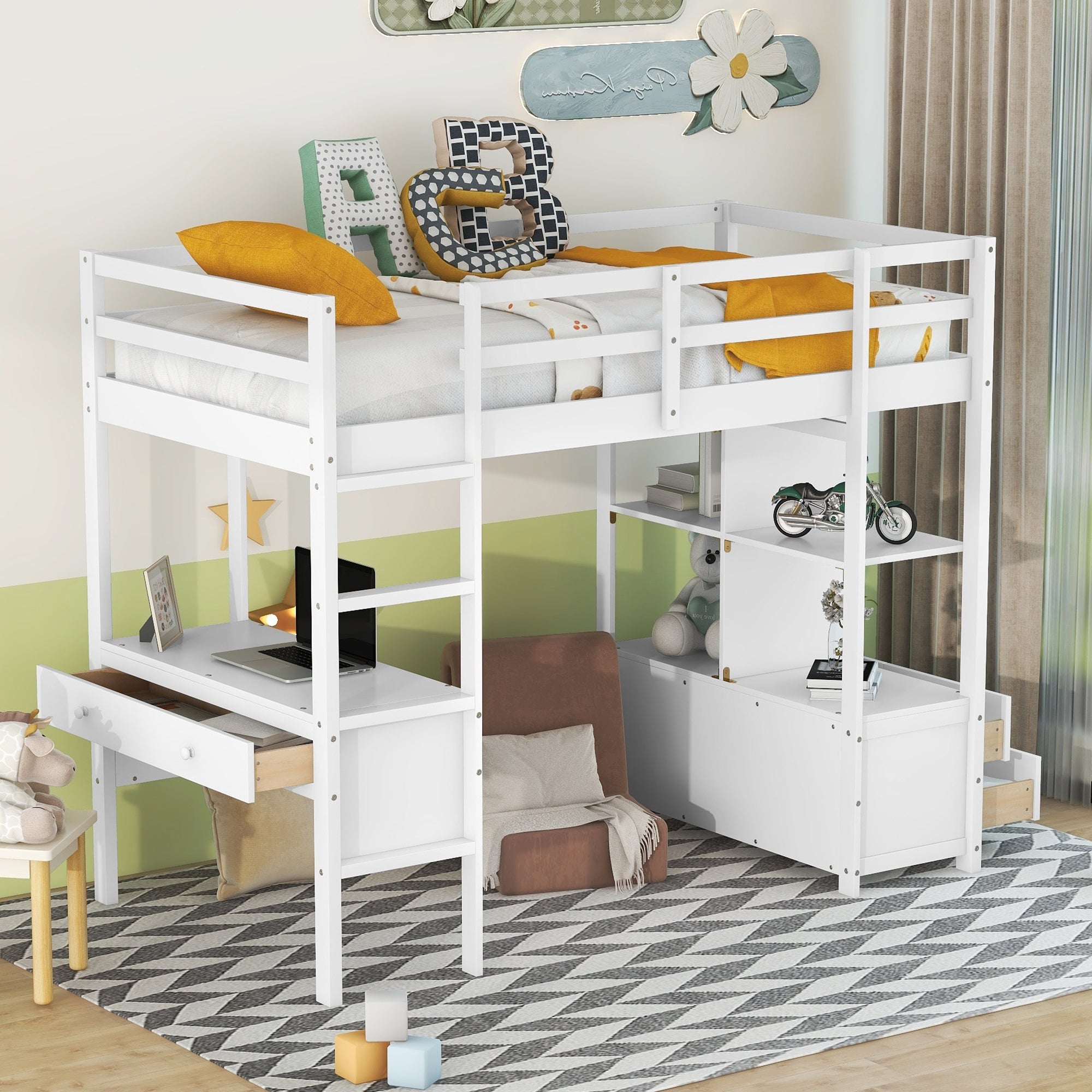 Royard Oaktree Loft Bed with Built-in Desk and Storage Shelves with Drawers Wood Loft Bed Frame with Ladder and Guardrails