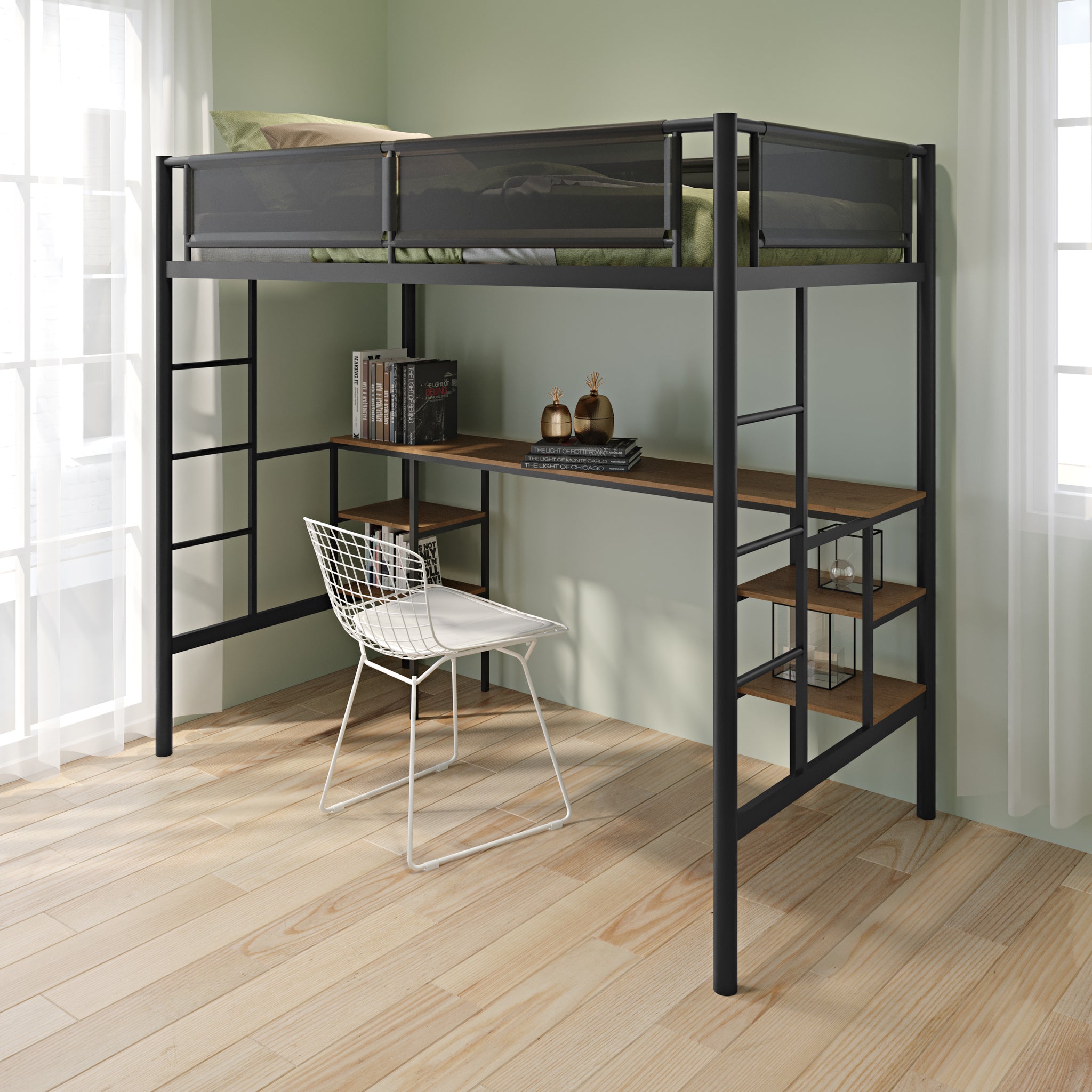 Royard Oaktree Metal Loft Bed with Built-in Desk and Shelves Twin Size Metal Bed Frame with Wood Slat and Textilene Guardrail