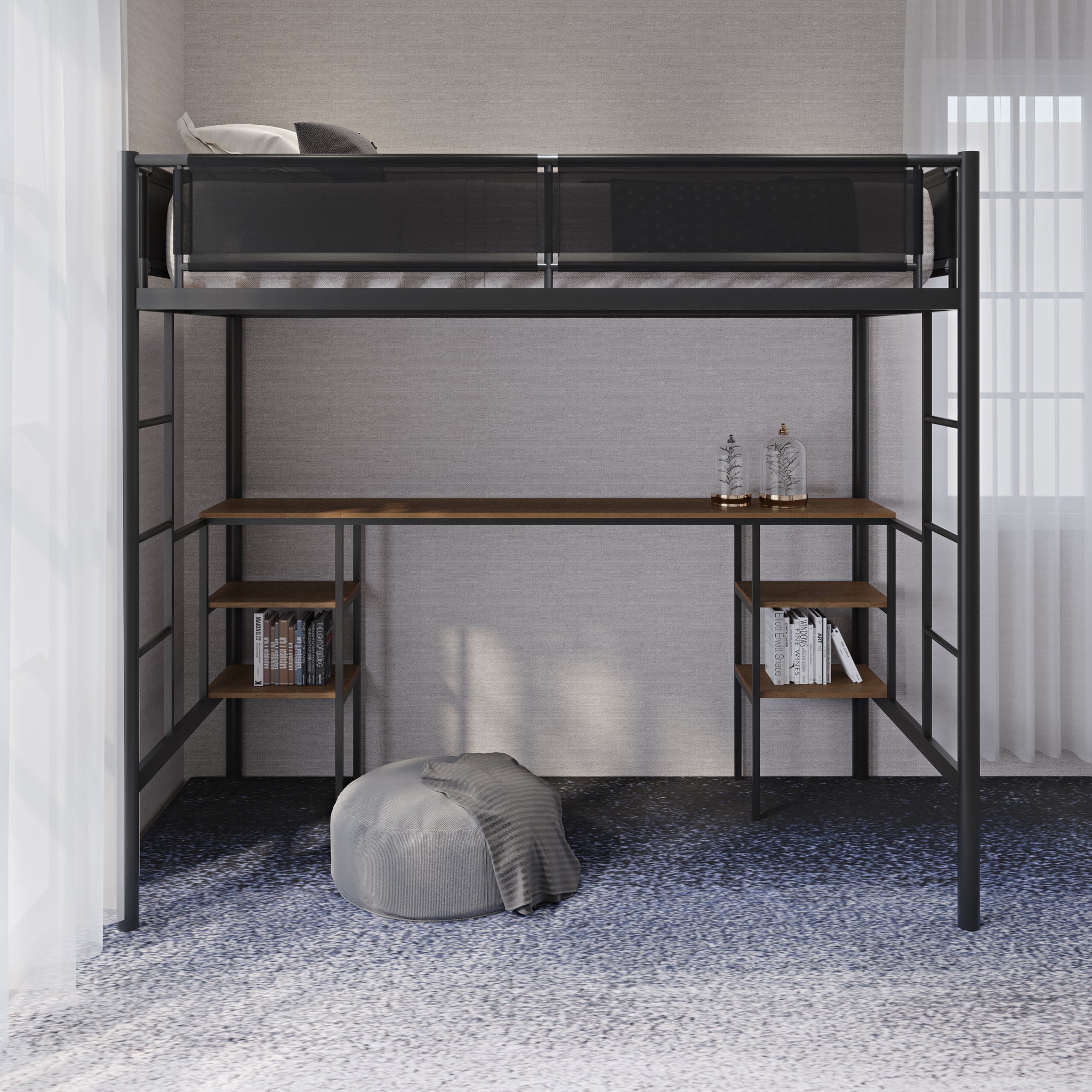 Royard Oaktree Metal Loft Bed with Built-in Desk and Shelves Twin Size Metal Bed Frame with Wood Slat and Textilene Guardrail