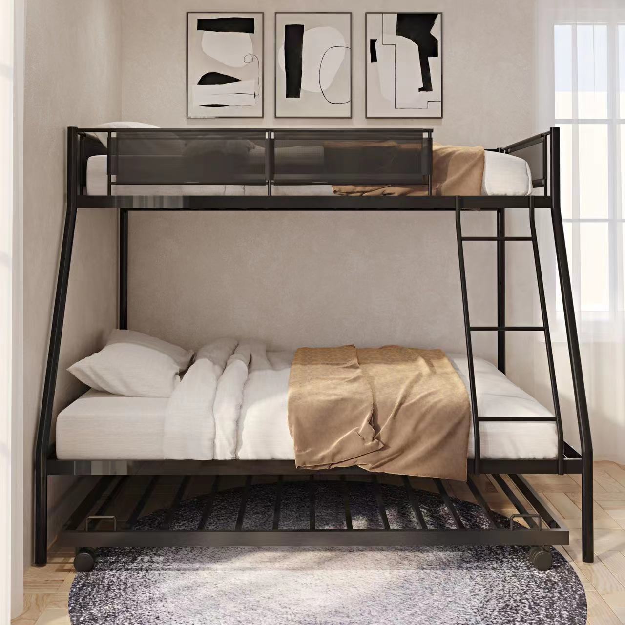 Royard Oaktree Twin over Full Bunk Bed with Trundle Metal Bunk Bed Frame with Wood Slat and Textilene Guardrail