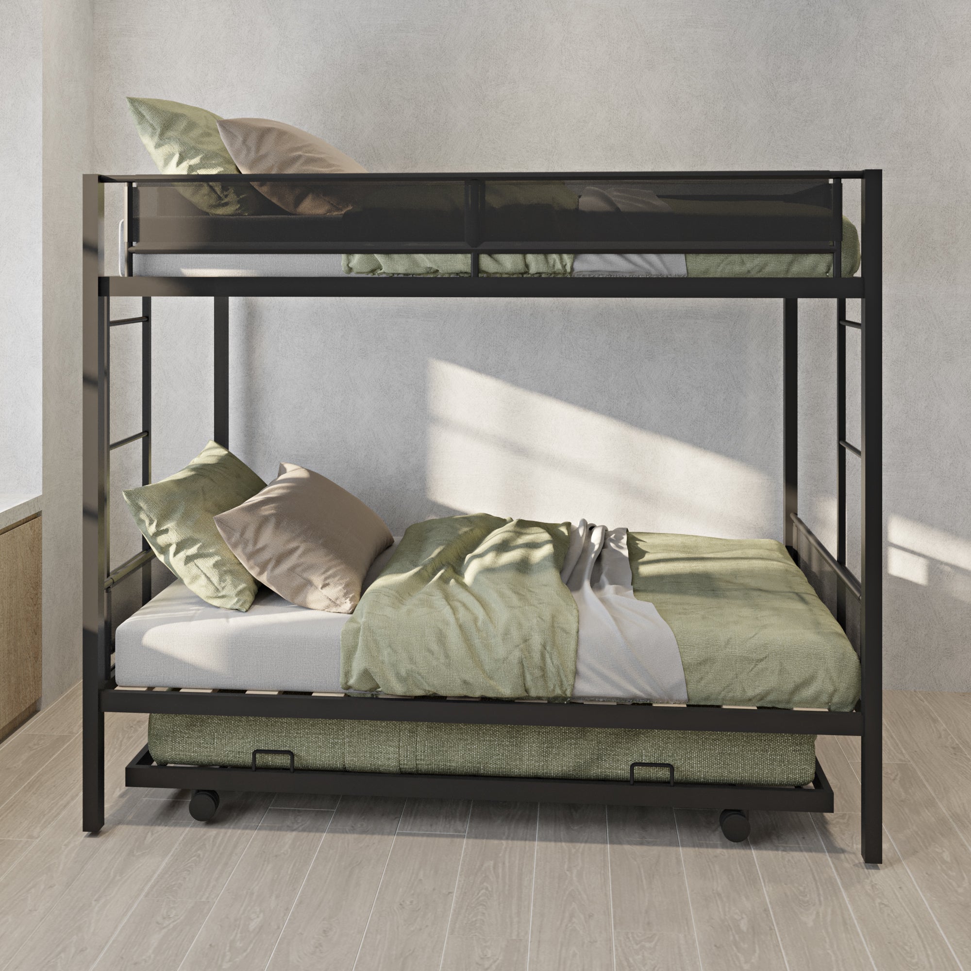 Royard Oaktree Twin over Twin Bunk Bed with Trundle Metal Bunk Bed with Wood Slat and Textilene Guardrail