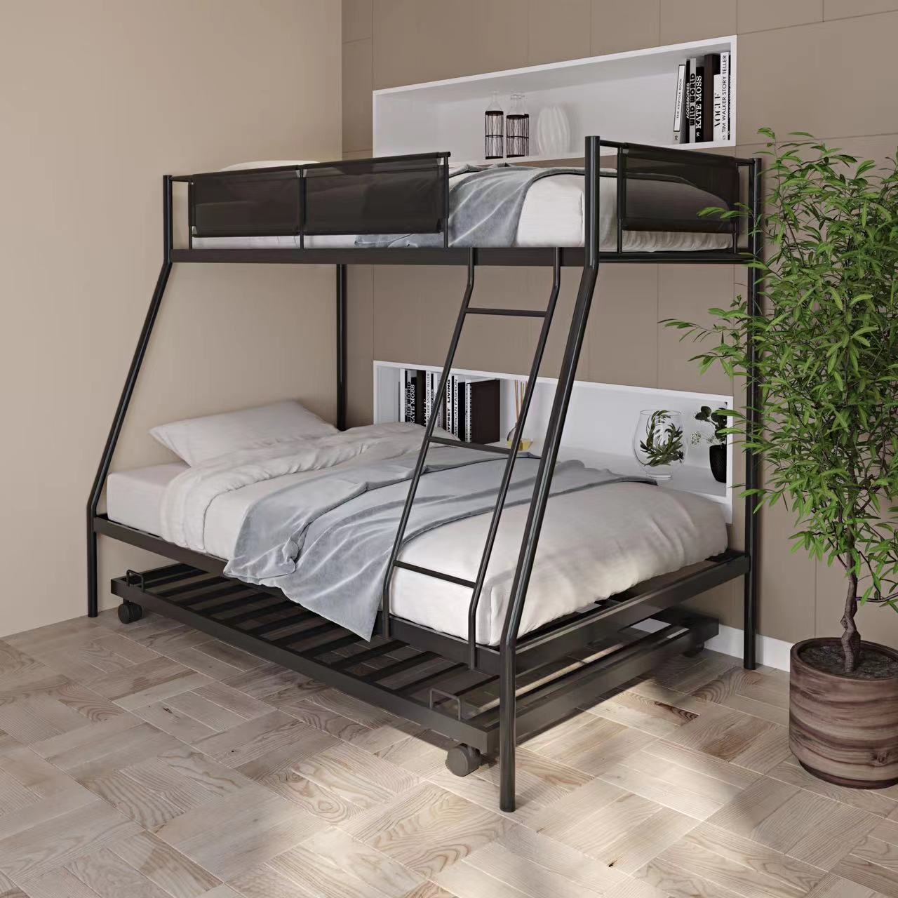 Royard Oaktree Twin over Full Bunk Bed with Trundle Metal Bunk Bed Frame with Wood Slat and Textilene Guardrail