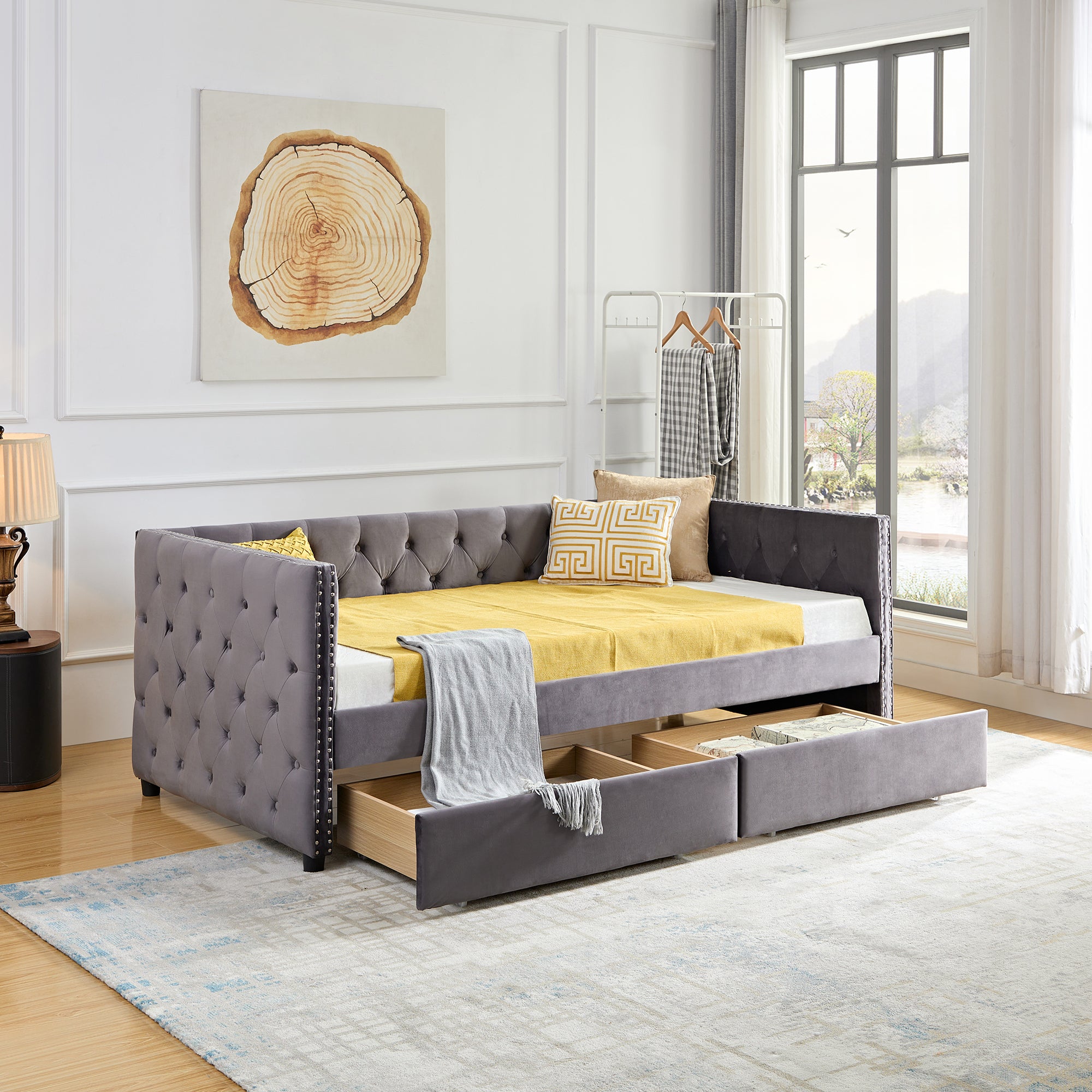 Royard Oaktree Daybed with Drawers Modern Velvet Upholstered Twin Size Day Bed Button-Tufted Sofa Daybed Frame with Double Drawers, No Box Spring Needed, Furniture for Bedroom Living Guest Room