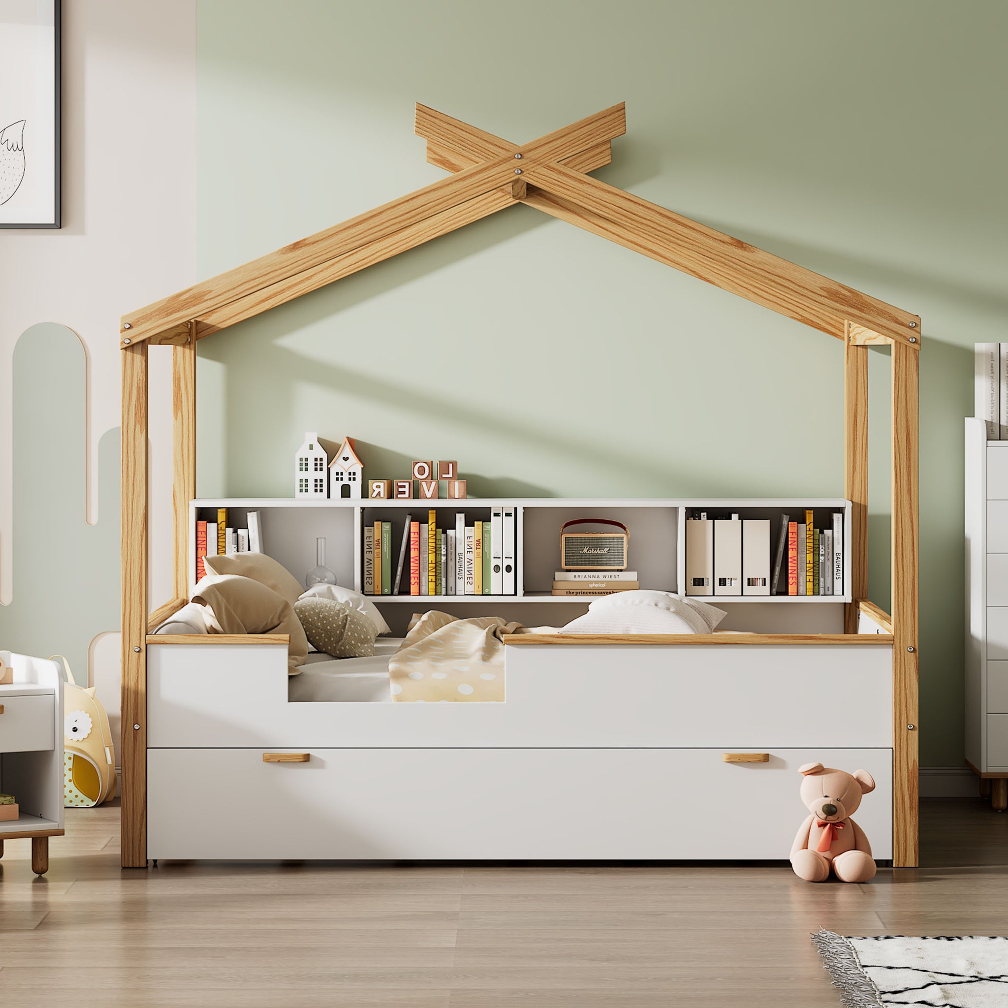 Royard Oaktree White Full Size Wooden House Bed with Original Wood Colored Frame Twin Size Trundle and Bookshelf Storage Space for Children or Guest Room