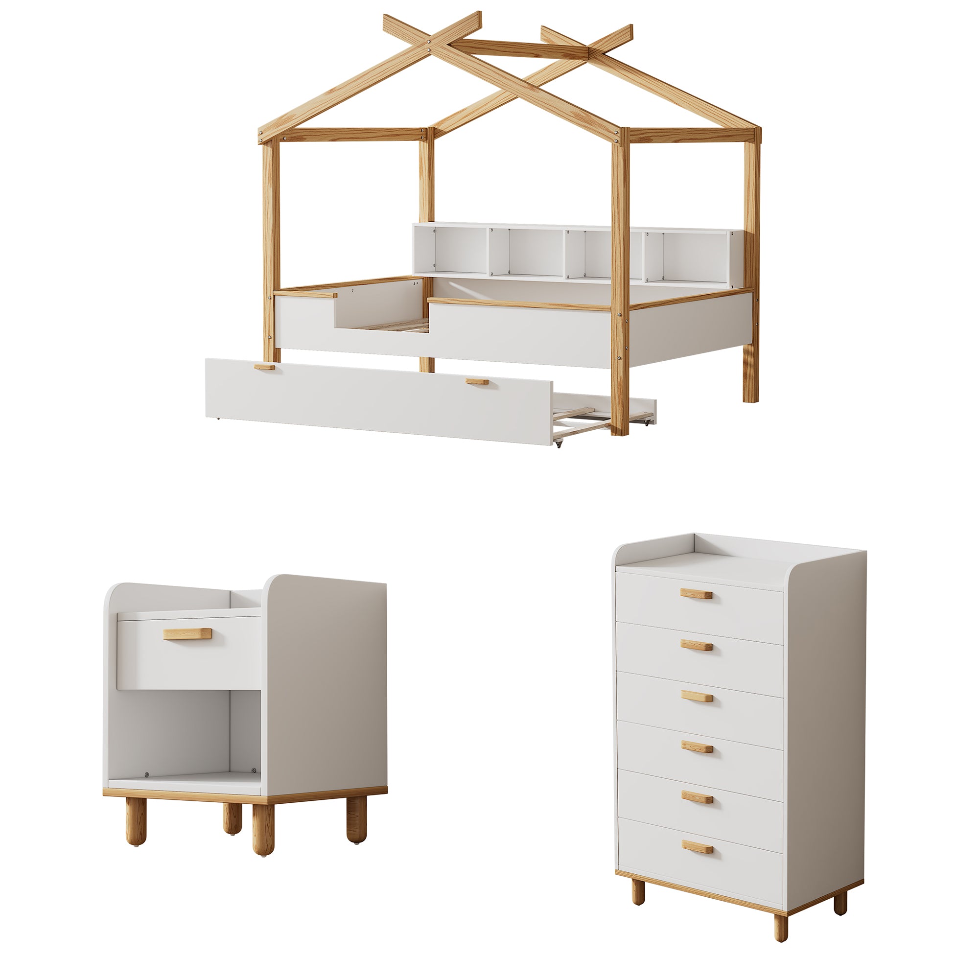 Royard Oaktree 3 Pieces Bedroom Sets White Full-Size Wooden House Bed with Trundle, Nightstand, 6-Drawer Chest