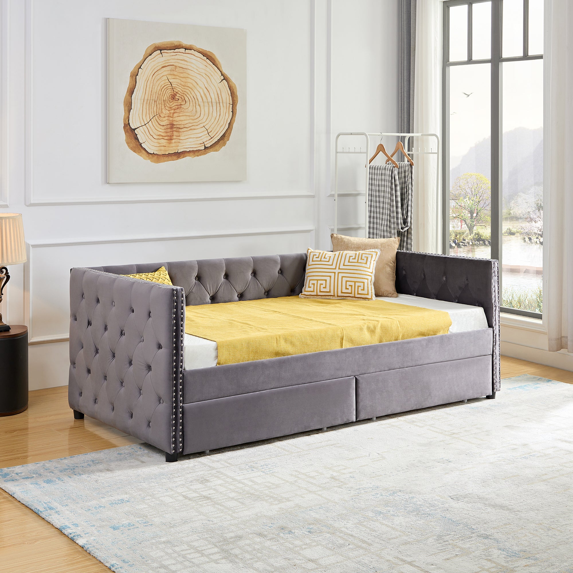 Royard Oaktree Daybed with Drawers Modern Velvet Upholstered Twin Size Day Bed Button-Tufted Sofa Daybed Frame with Double Drawers, No Box Spring Needed, Furniture for Bedroom Living Guest Room