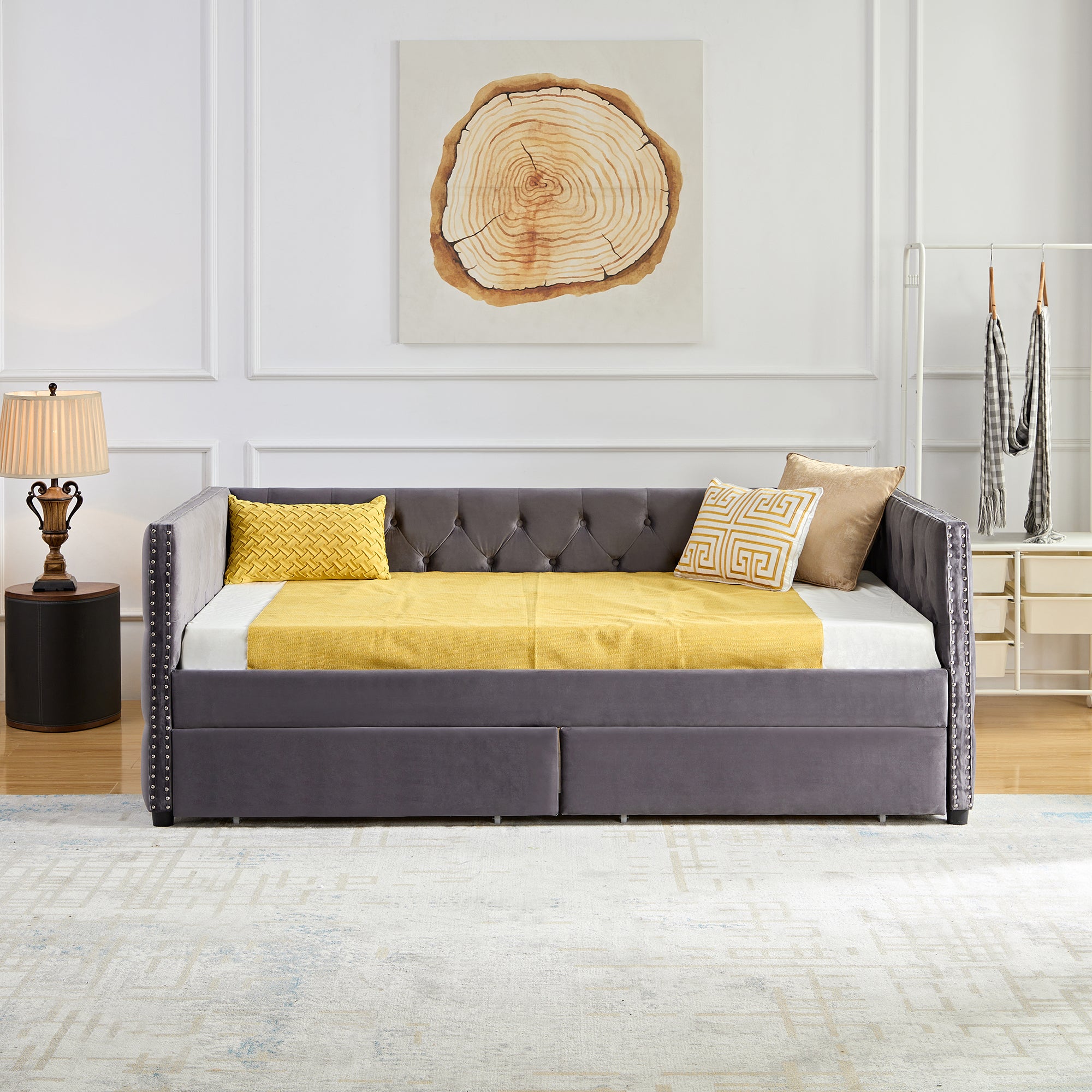 Royard Oaktree Daybed with Drawers Modern Velvet Upholstered Twin Size Day Bed Button-Tufted Sofa Daybed Frame with Double Drawers, No Box Spring Needed, Furniture for Bedroom Living Guest Room