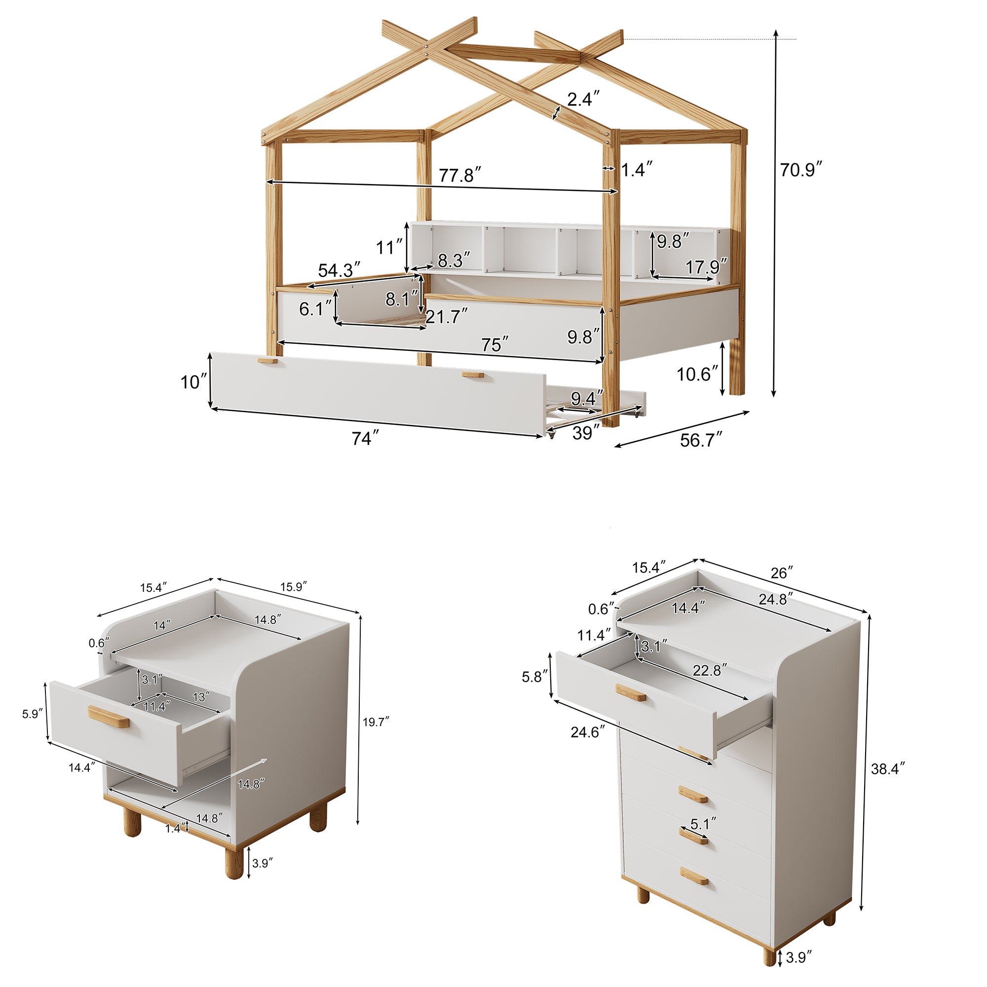 Royard Oaktree 3 Pieces Bedroom Sets White Full-Size Wooden House Bed with Trundle, Nightstand, 6-Drawer Chest