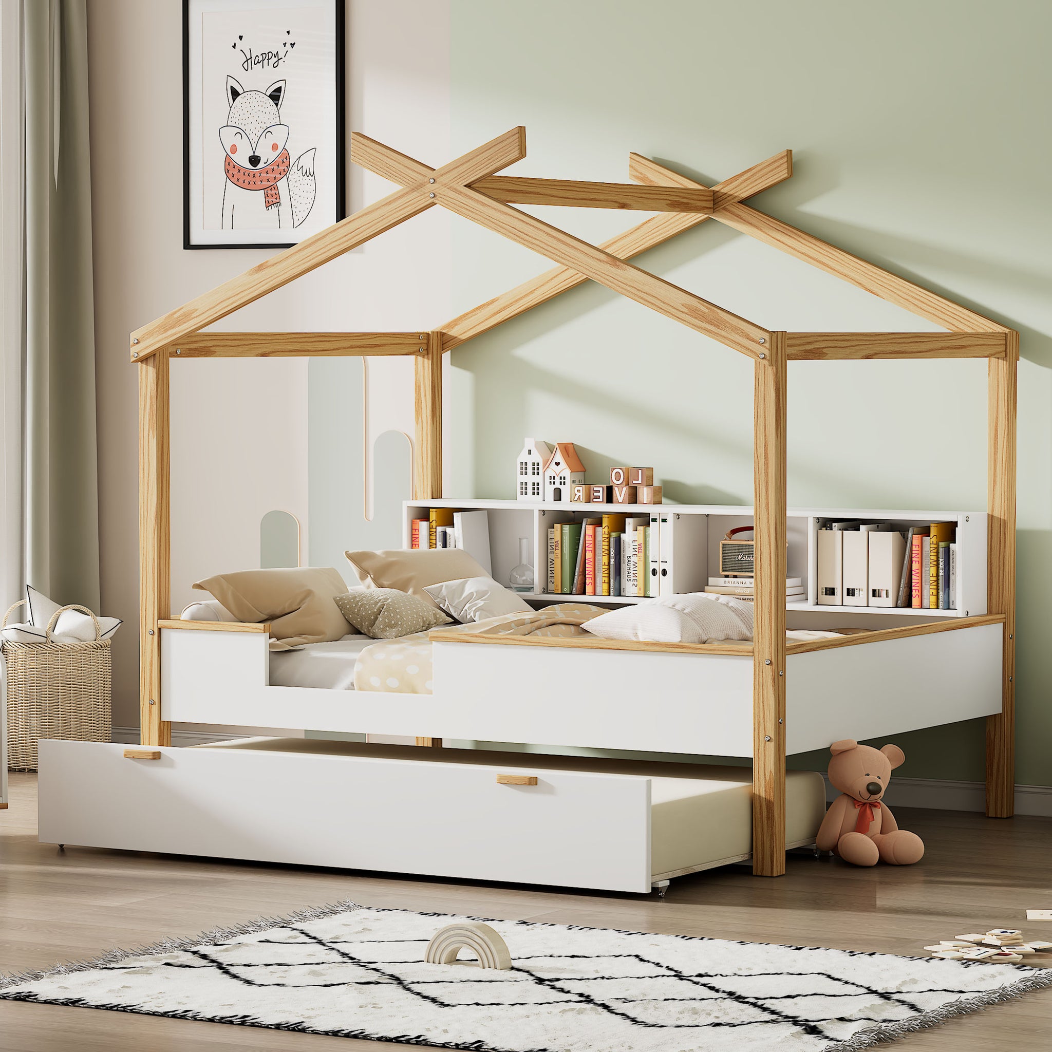 Royard Oaktree White Full Size Wooden House Bed with Original Wood Colored Frame Twin Size Trundle and Bookshelf Storage Space for Children or Guest Room