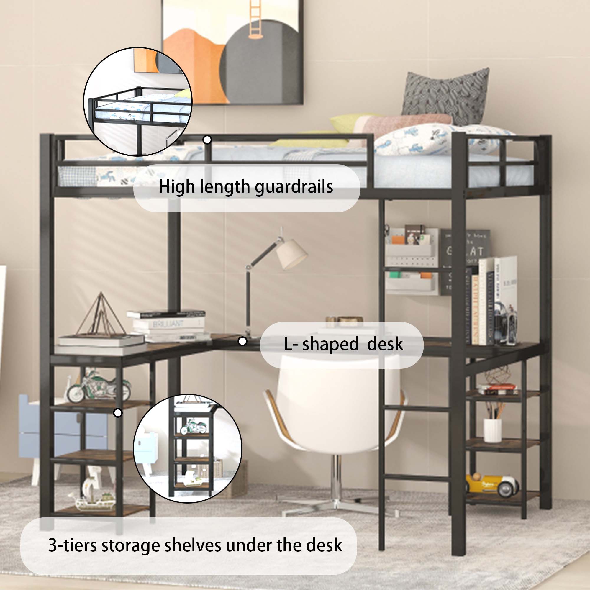 Royard Oaktree Full Size Loft Bed with L- Shape Desk and Shelves Metal Loft Bed with Ladder and Guardrails, Loft Bed Frame for Bedroom, Black