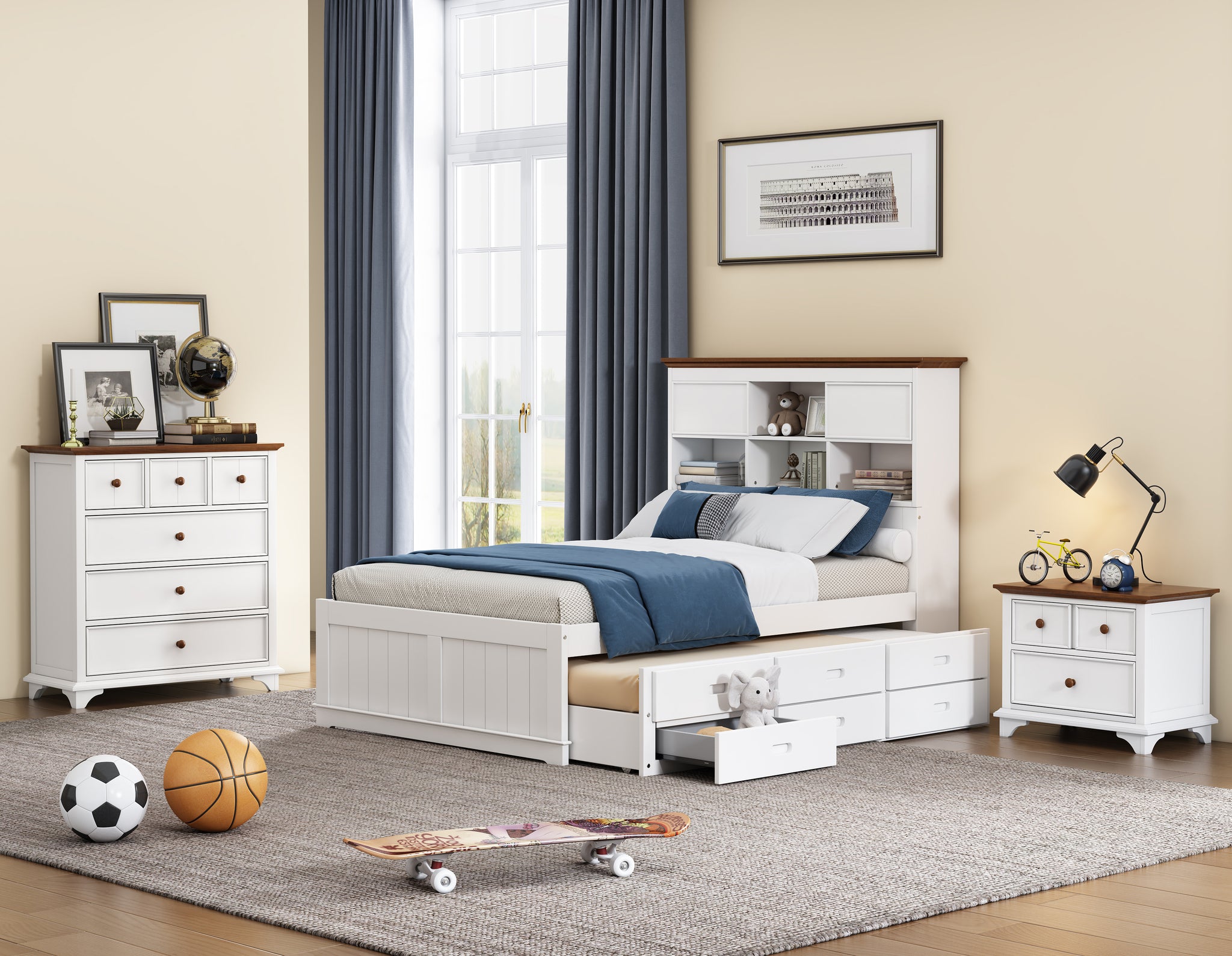 Royard Oaktree 3 Pieces Wooden Captain Bedroom Set Bed with Trundle, 2-Drawer Nightst, 6-Drawer Dresser, White + Walnut