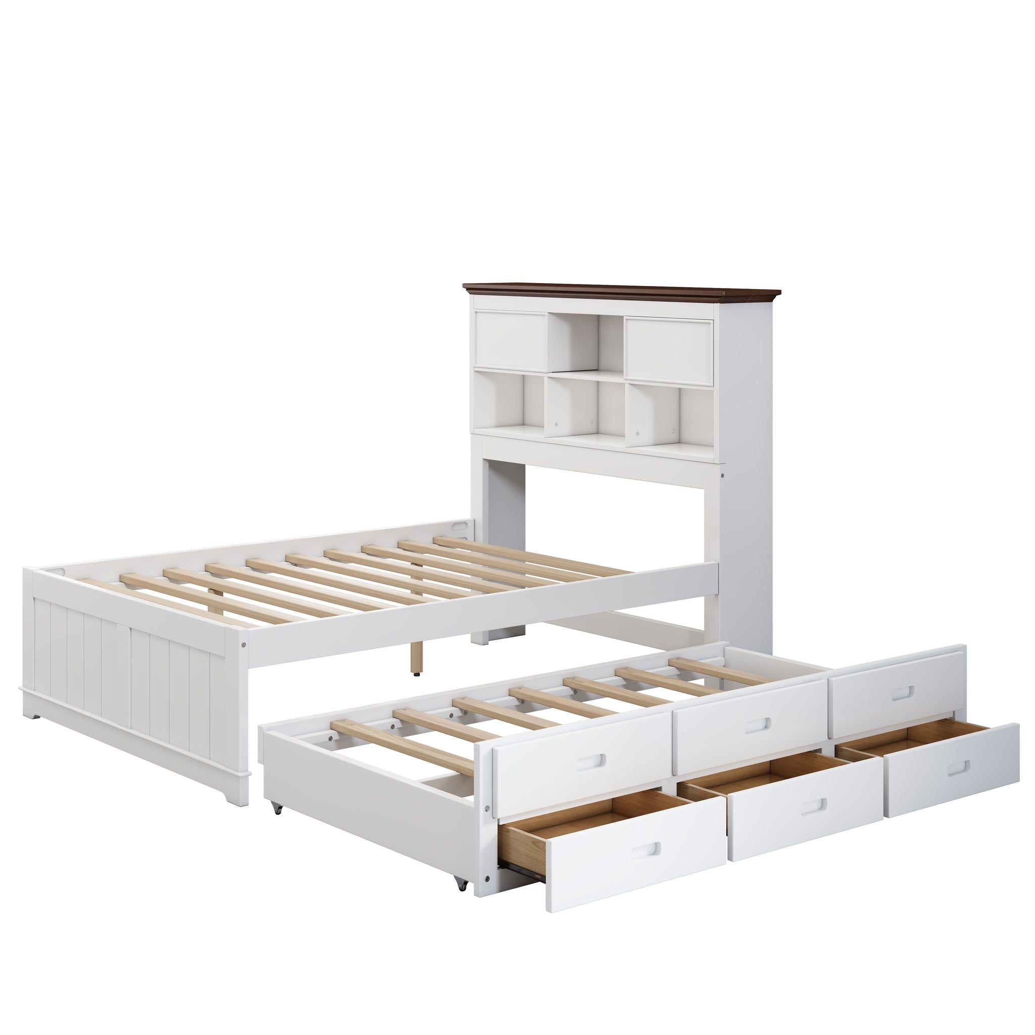 Royard Oaktree Solid Pine Captain Bed with Trundle and Bookcase Wood Platform Bed Frame with 3 Spacious Under Bed Drawers in Casual, White+Walnut