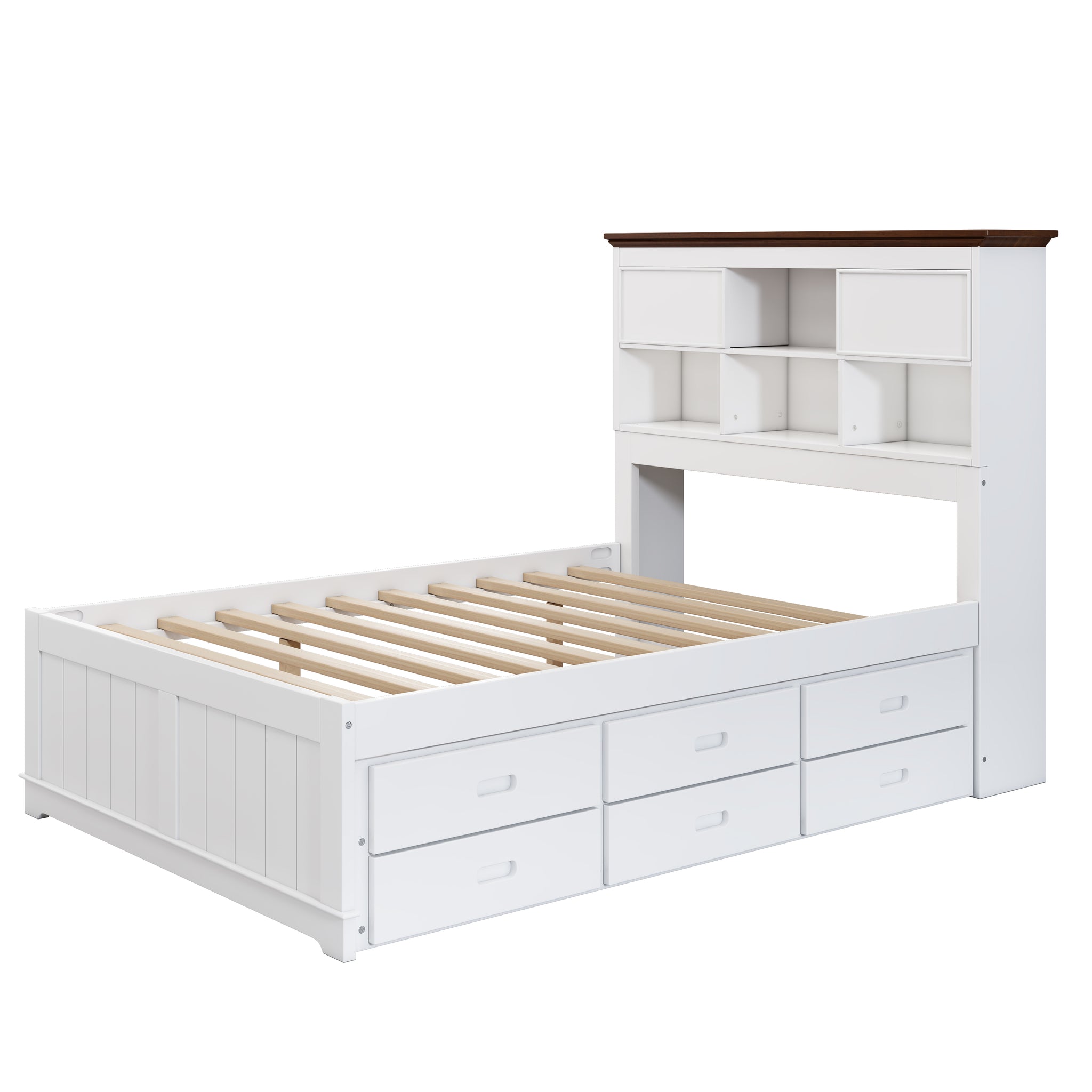 Royard Oaktree Solid Pine Captain Bed with Trundle and Bookcase Wood Platform Bed Frame with 3 Spacious Under Bed Drawers in Casual, White+Walnut