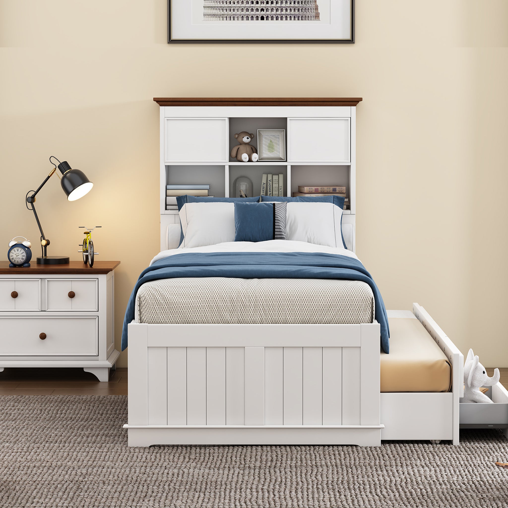 Royard Oaktree Solid Pine Captain Bed with Trundle and Bookcase Wood Platform Bed Frame with 3 Spacious Under Bed Drawers in Casual, White+Walnut