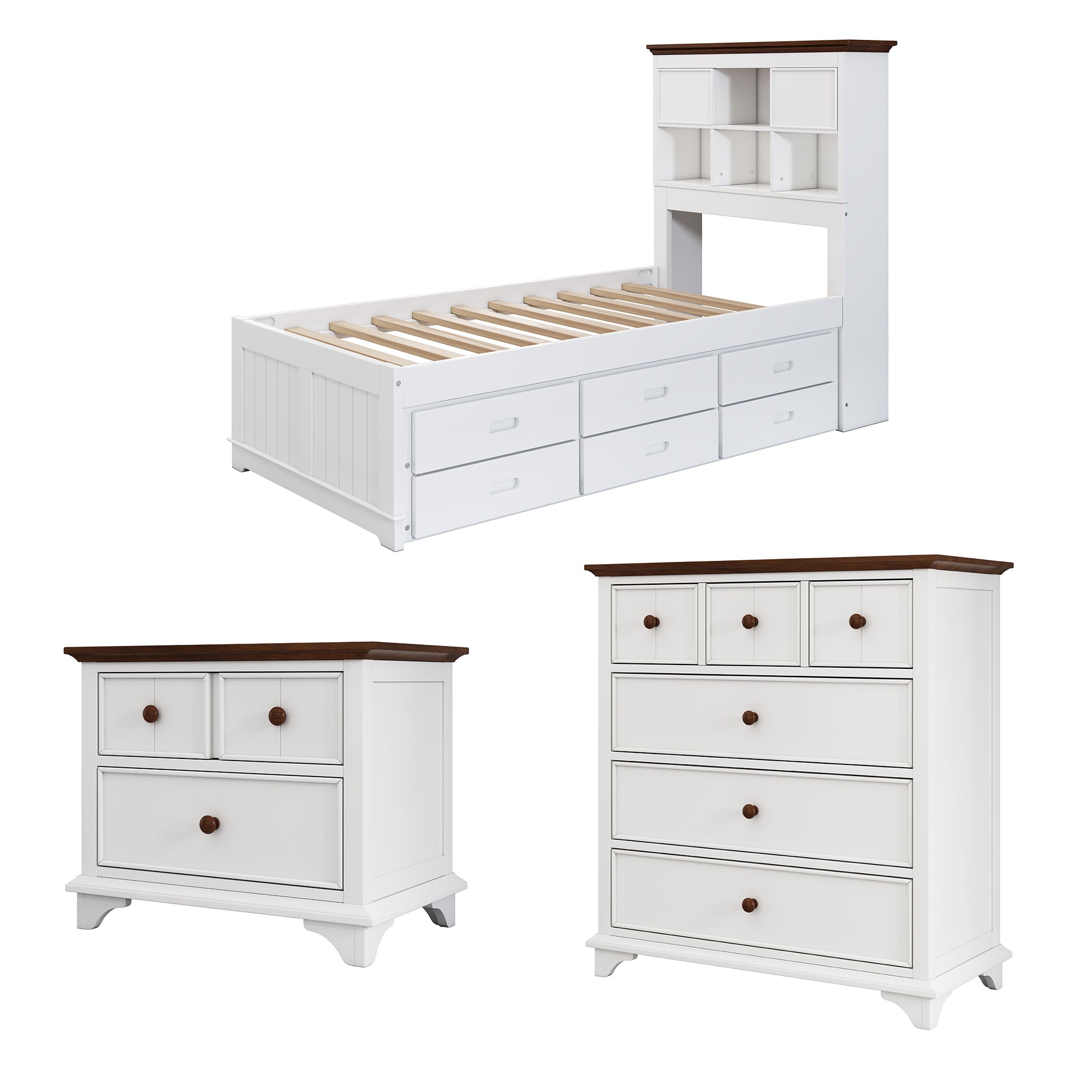 Royard Oaktree 3 Pieces Wooden Captain Bedroom Set Bed with Trundle, 2-Drawer Nightst, 6-Drawer Dresser, White + Walnut