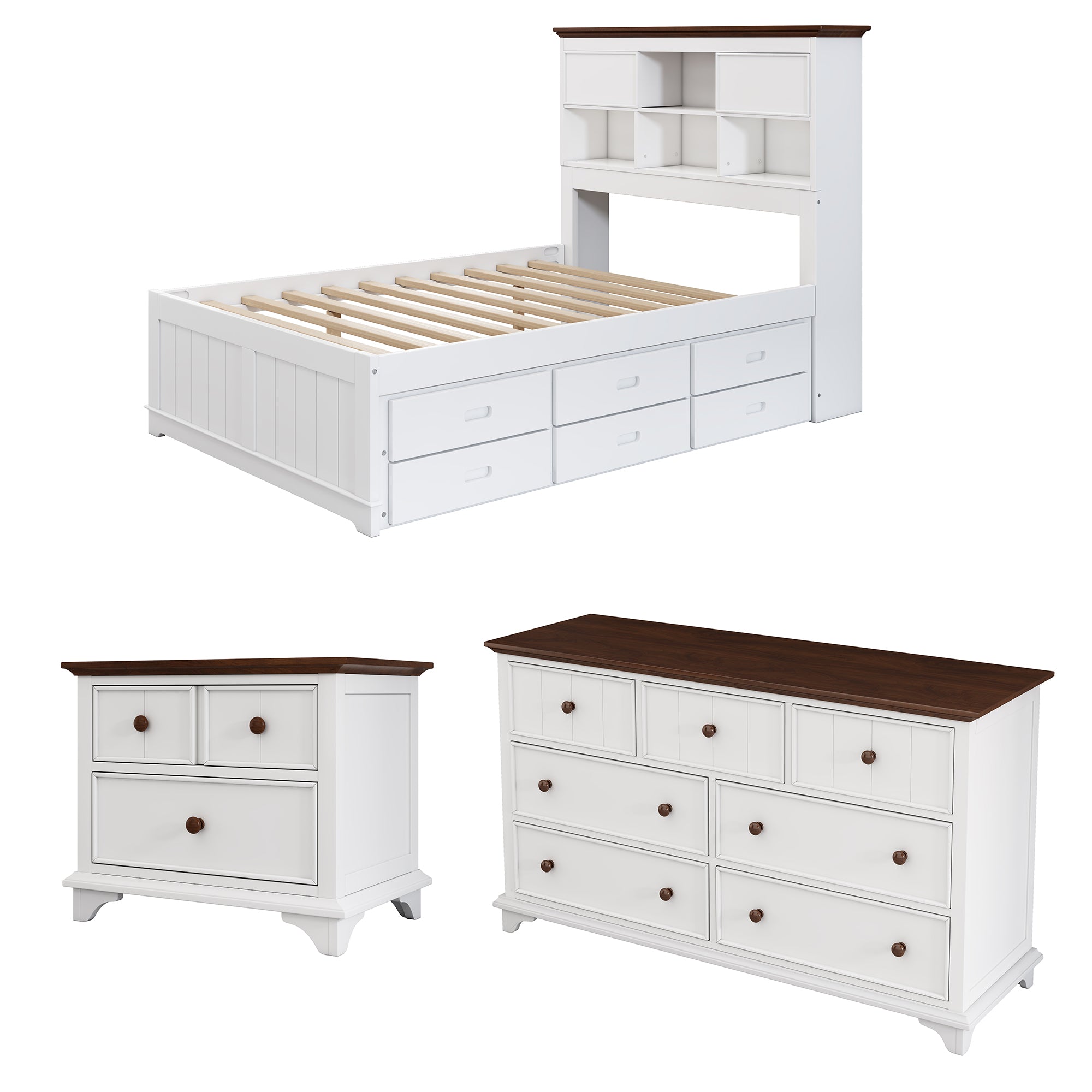 Royard Oaktree 3 Pieces Wooden Captain Bedroom Set Bed with Trundle, 2-Drawer Nightst, 7-Drawer Dresser, White + Walnut