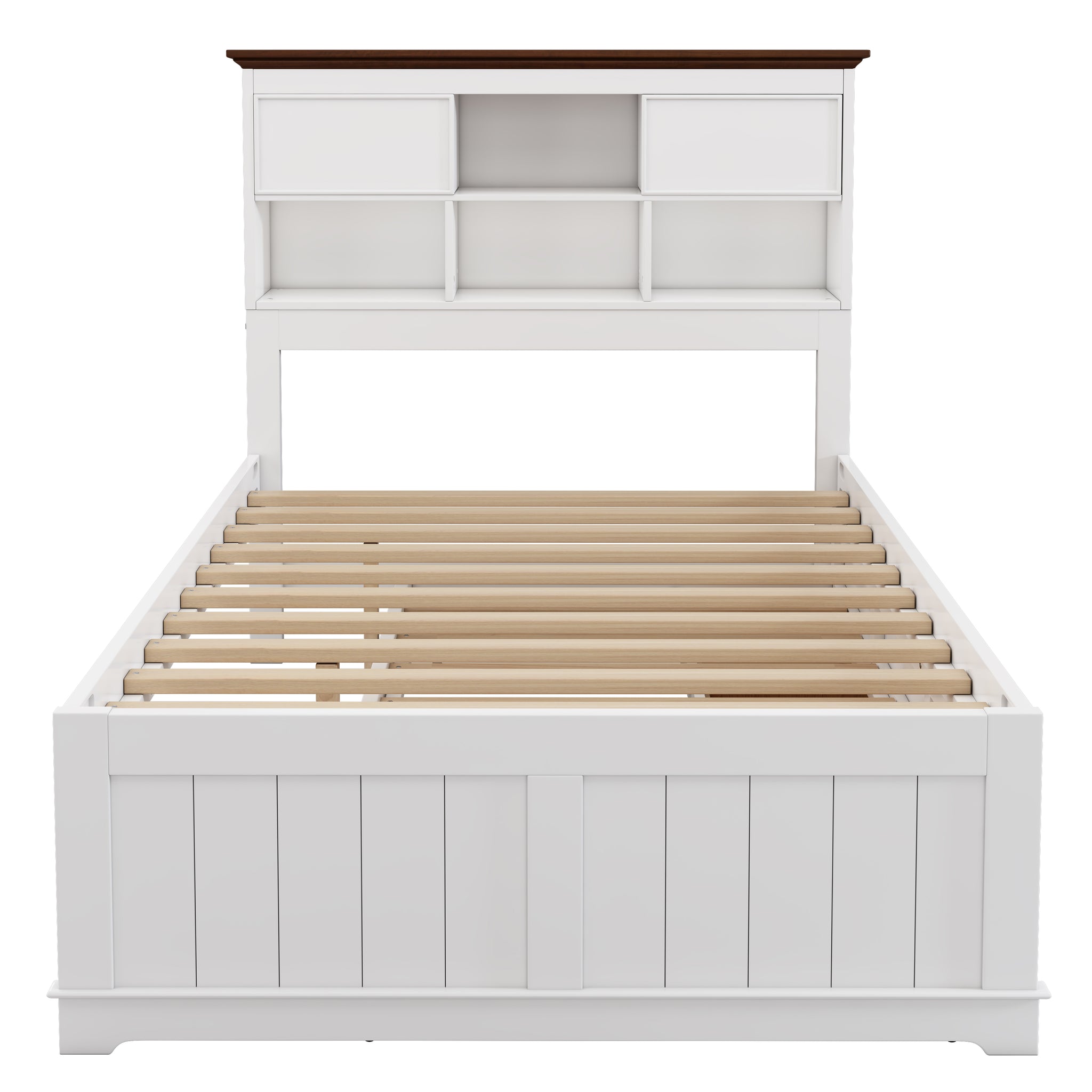 Royard Oaktree Solid Pine Captain Bed with Trundle and Bookcase Wood Platform Bed Frame with 3 Spacious Under Bed Drawers in Casual, White+Walnut