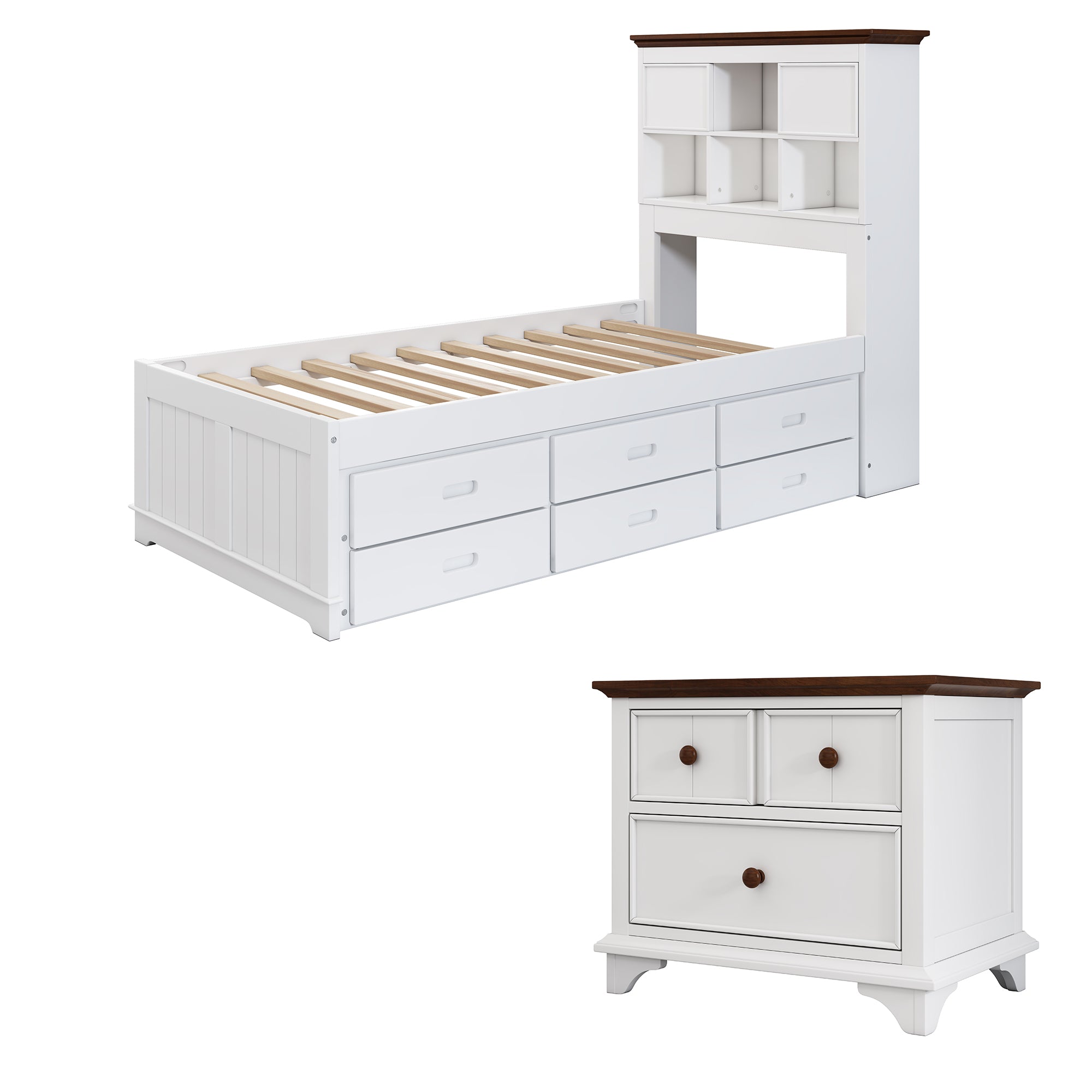 Royard Oaktree 2 Pieces Wooden Captain Bedroom Set Bed with Trundle, 2-Drawer Nightstand, White+Walnut