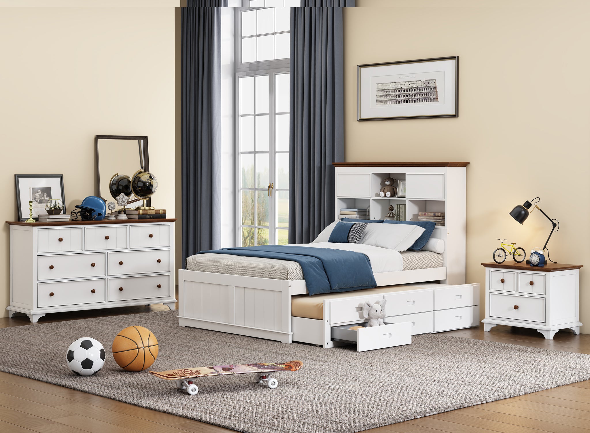 Royard Oaktree 3 Pieces Wooden Captain Bedroom Set Bed with Trundle, 2-Drawer Nightst, 7-Drawer Dresser, White + Walnut