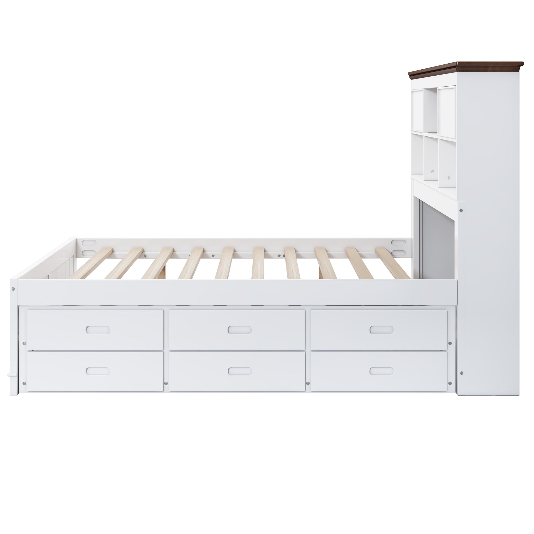 Royard Oaktree Solid Pine Captain Bed with Trundle and Bookcase Wood Platform Bed Frame with 3 Spacious Under Bed Drawers in Casual, White+Walnut