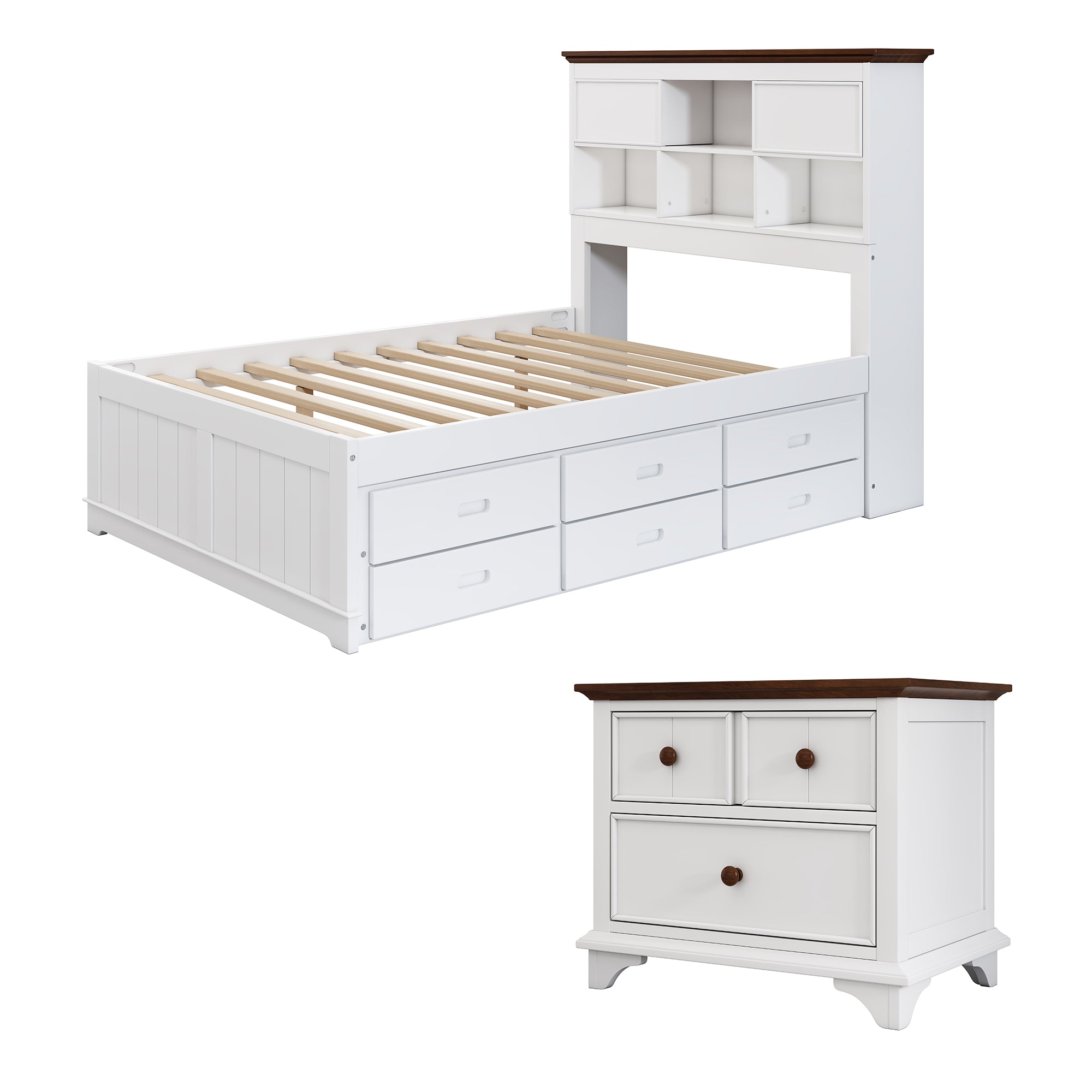 Royard Oaktree 2 Pieces Wooden Captain Bedroom Set Bed with Trundle, 2-Drawer Nightstand, White+Walnut