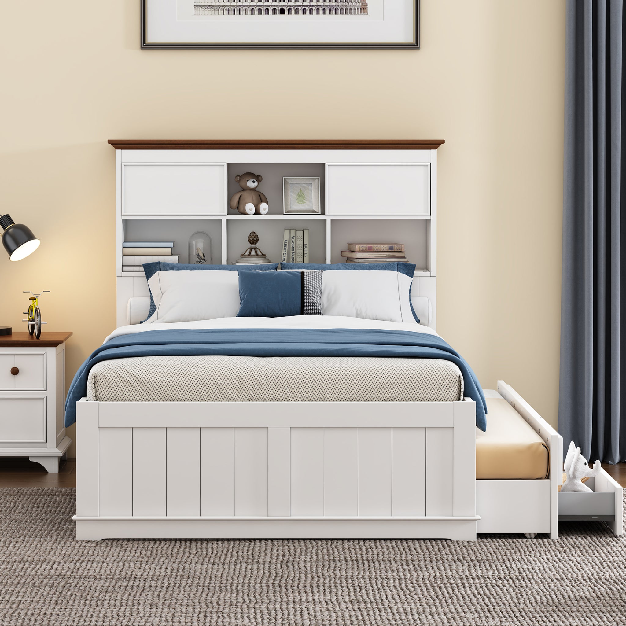 Royard Oaktree Solid Pine Captain Bed with Trundle and Bookcase Wood Platform Bed Frame with 3 Spacious Under Bed Drawers in Casual, White+Walnut