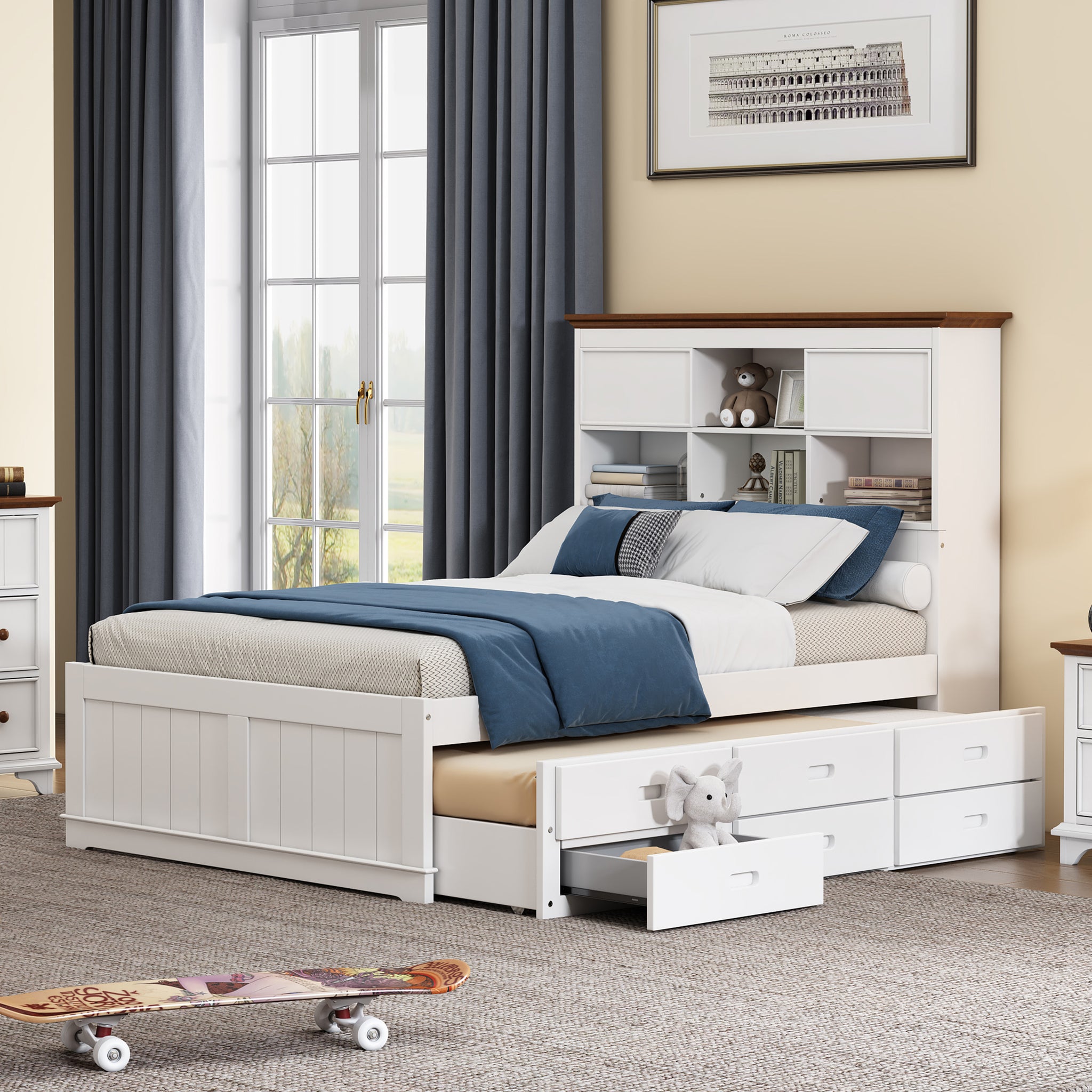 Royard Oaktree Solid Pine Captain Bed with Trundle and Bookcase Wood Platform Bed Frame with 3 Spacious Under Bed Drawers in Casual, White+Walnut