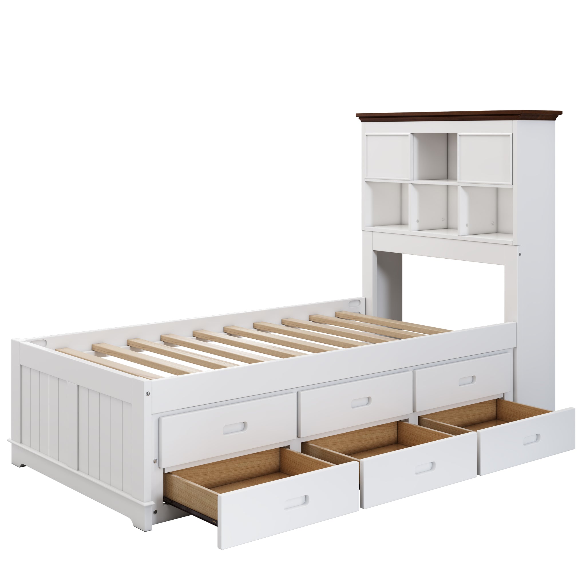 Royard Oaktree Solid Pine Captain Bed with Trundle and Bookcase Wood Platform Bed Frame with 3 Spacious Under Bed Drawers in Casual, White+Walnut