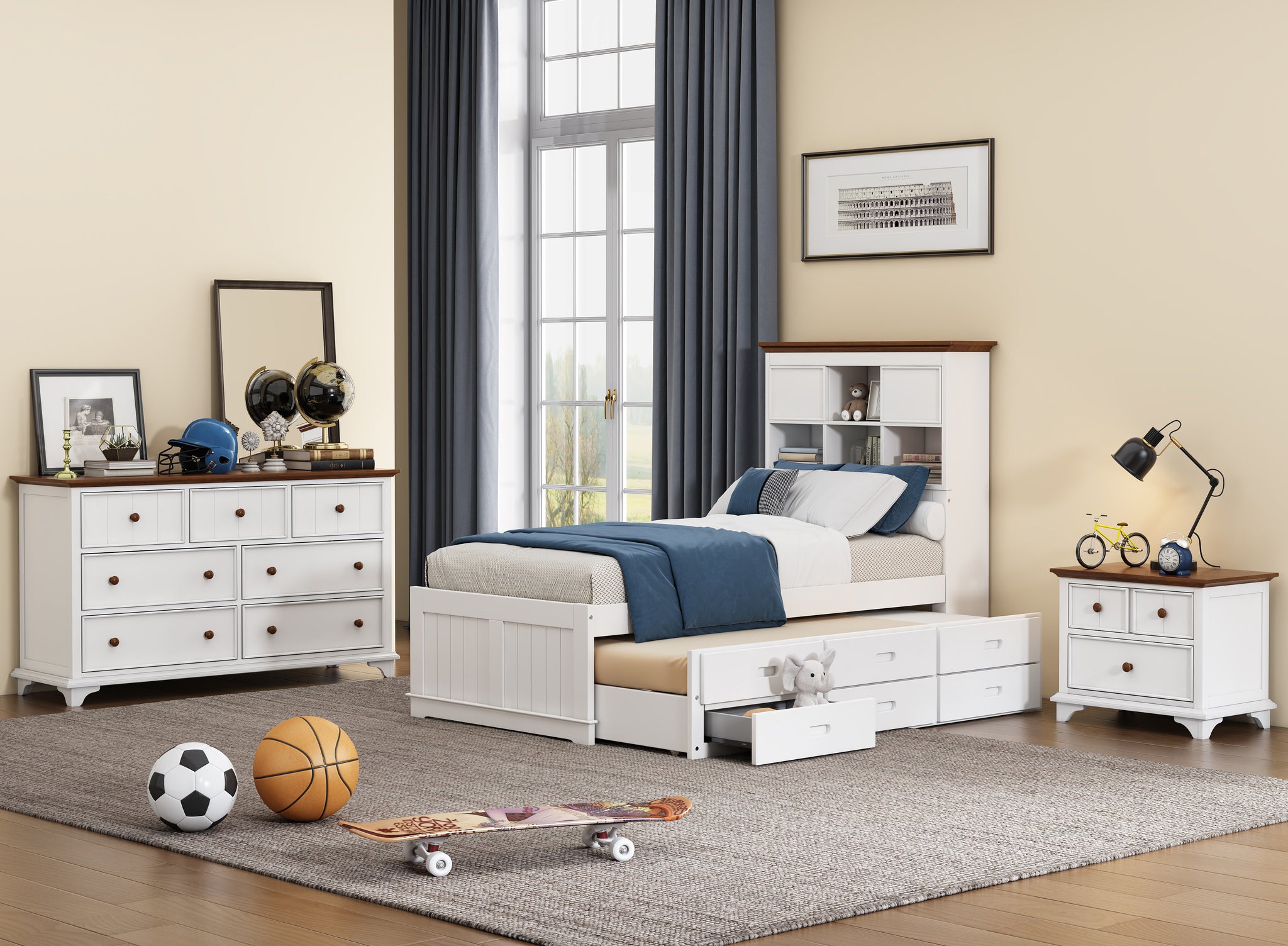 Royard Oaktree 3 Pieces Wooden Captain Bedroom Set Bed with Trundle, 2-Drawer Nightst, 7-Drawer Dresser, White + Walnut