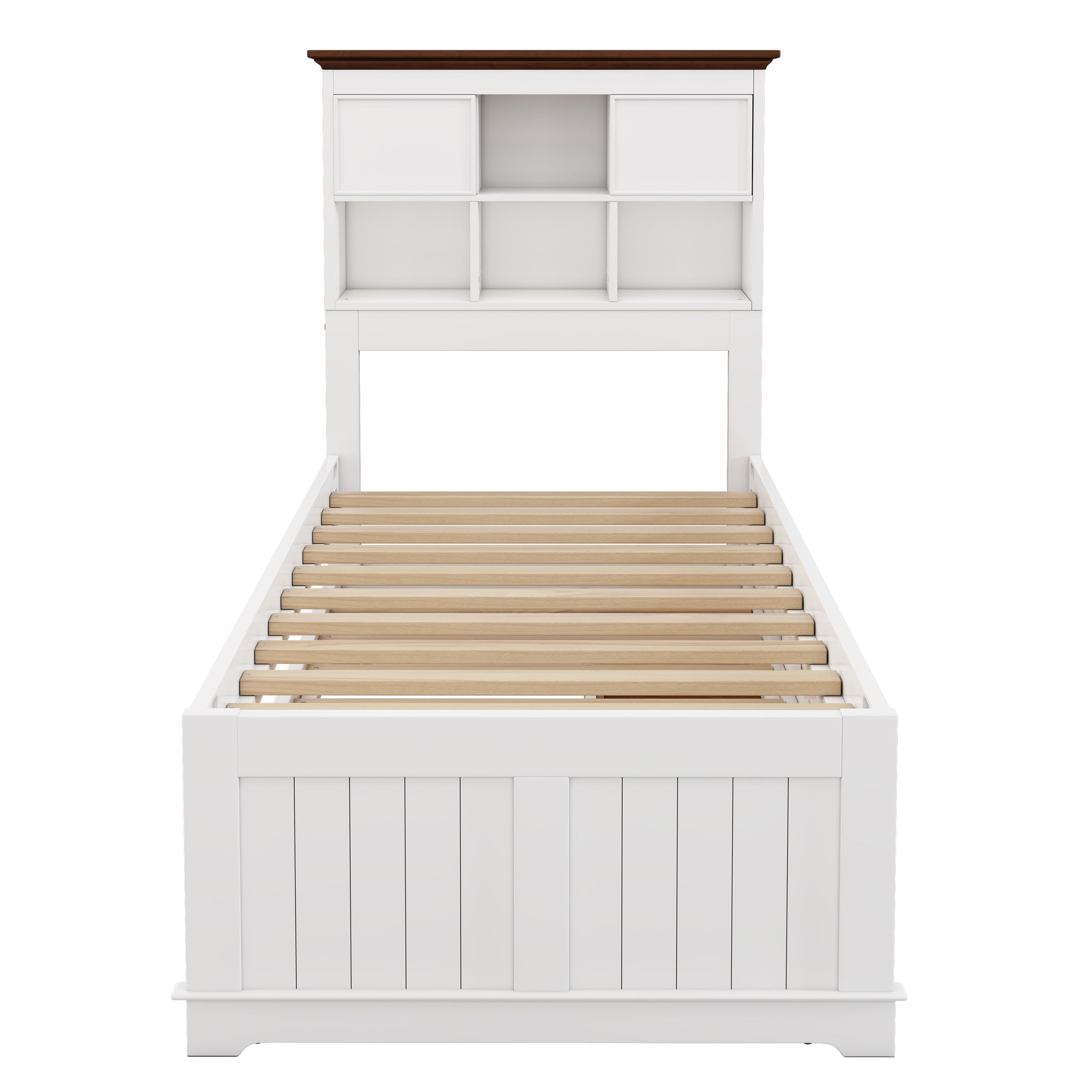 Royard Oaktree Solid Pine Captain Bed with Trundle and Bookcase Wood Platform Bed Frame with 3 Spacious Under Bed Drawers in Casual, White+Walnut