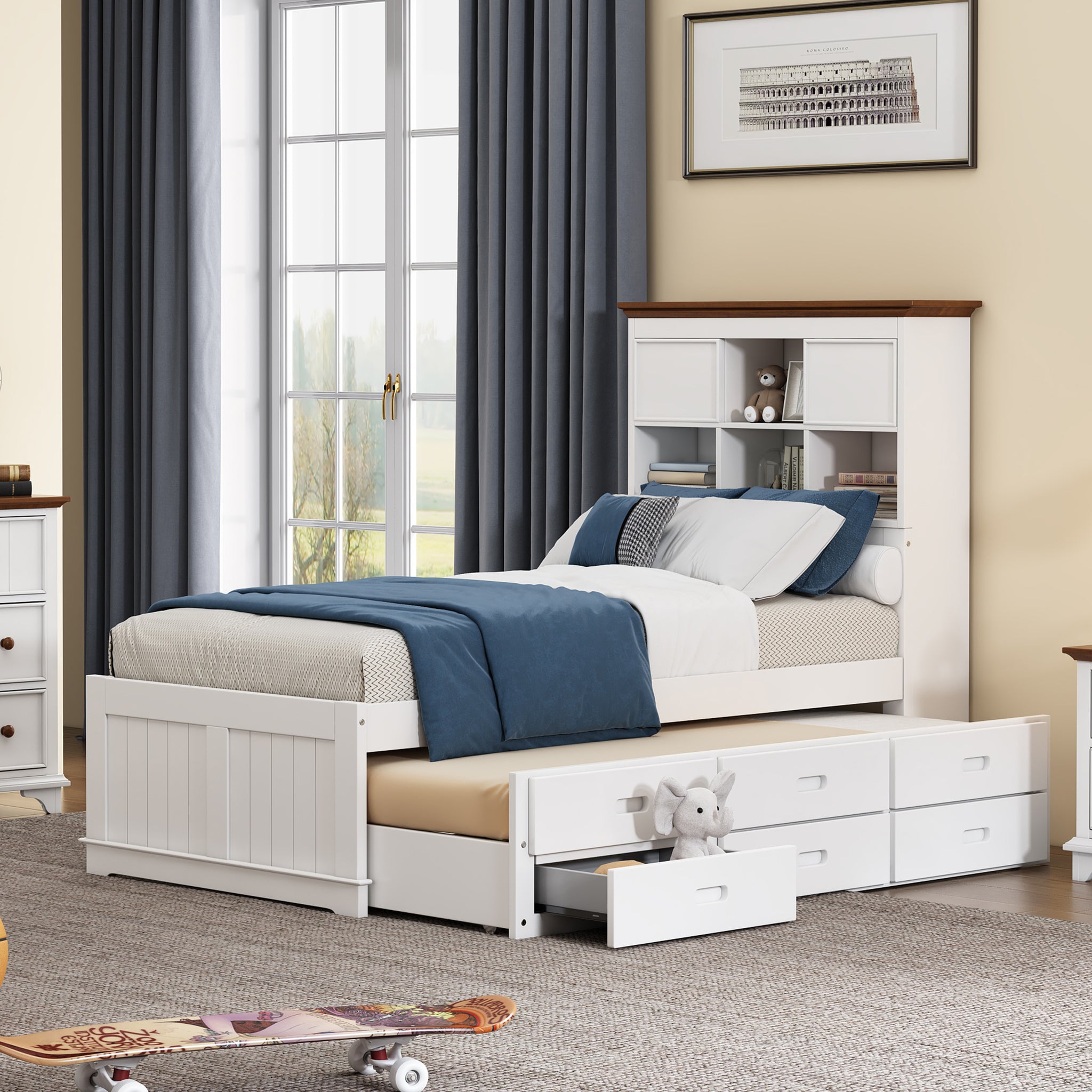 Royard Oaktree 3 Pieces Wooden Captain Bedroom Set Bed with Trundle, 2-Drawer Nightst, 6-Drawer Dresser, White + Walnut