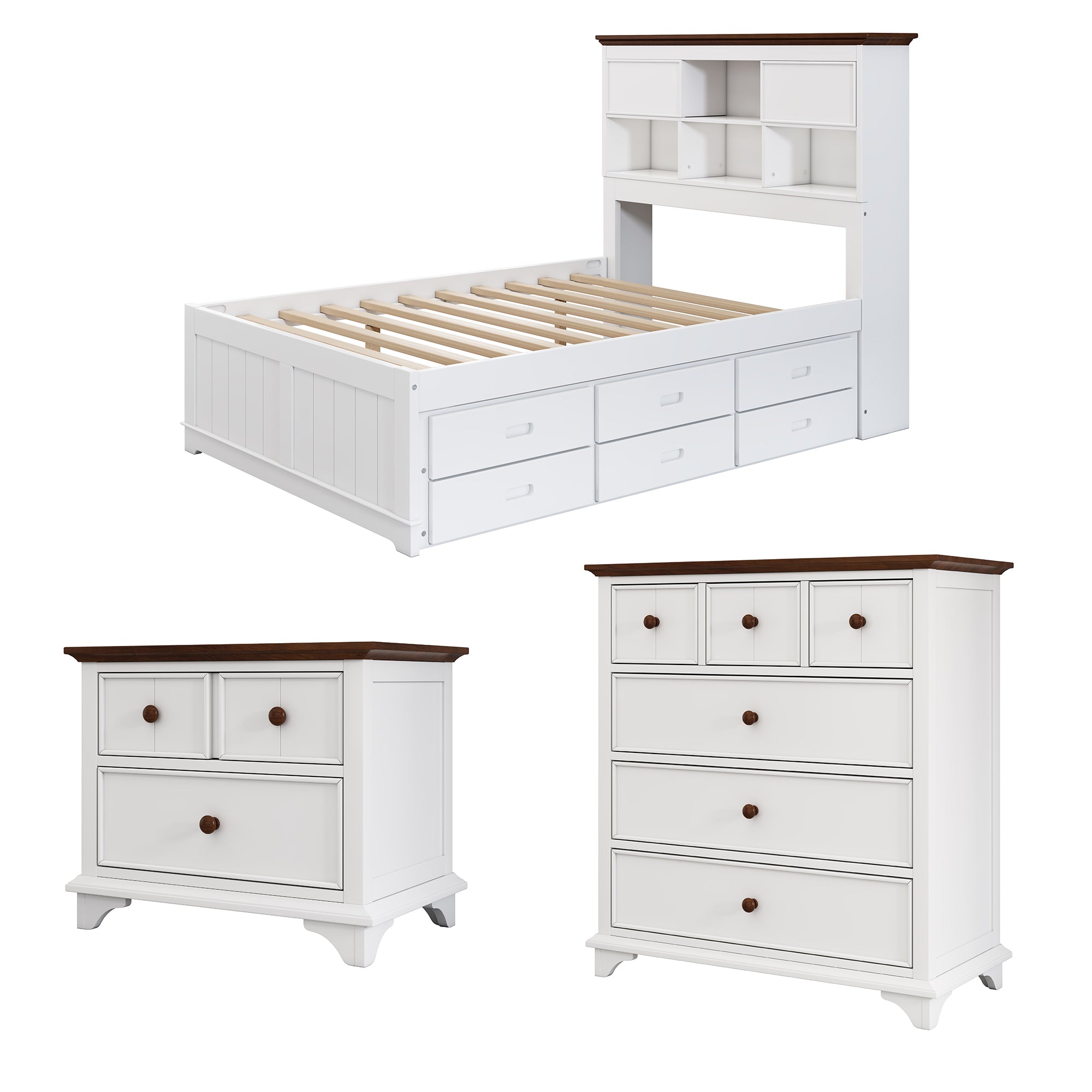 Royard Oaktree 3 Pieces Wooden Captain Bedroom Set Bed with Trundle, 2-Drawer Nightst, 6-Drawer Dresser, White + Walnut