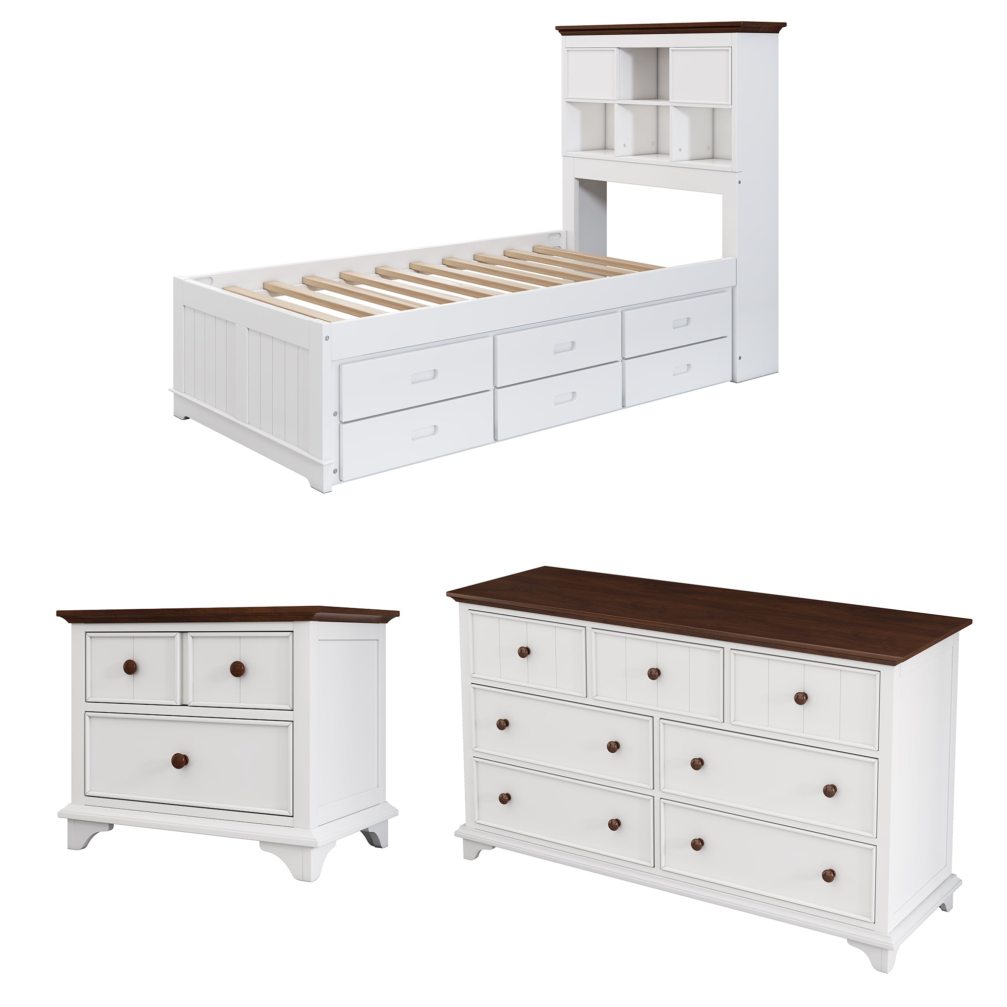 Royard Oaktree 3 Pieces Wooden Captain Bedroom Set Bed with Trundle, 2-Drawer Nightst, 7-Drawer Dresser, White + Walnut