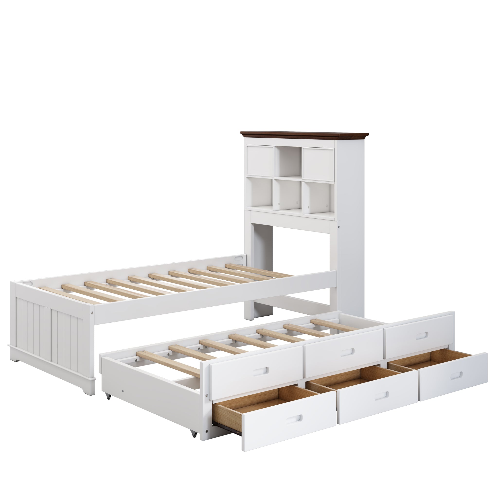 Royard Oaktree Solid Pine Captain Bed with Trundle and Bookcase Wood Platform Bed Frame with 3 Spacious Under Bed Drawers in Casual, White+Walnut