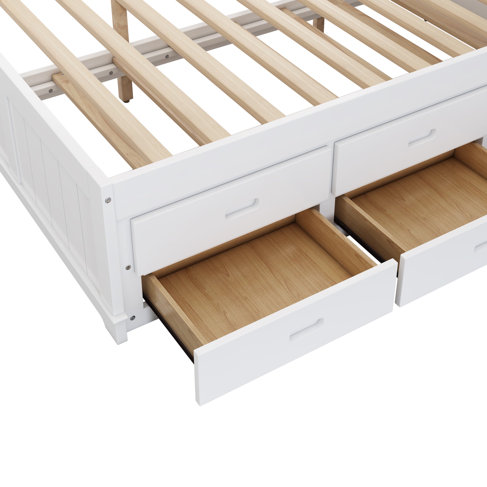 Royard Oaktree Solid Pine Captain Bed with Trundle and Bookcase Wood Platform Bed Frame with 3 Spacious Under Bed Drawers in Casual, White+Walnut