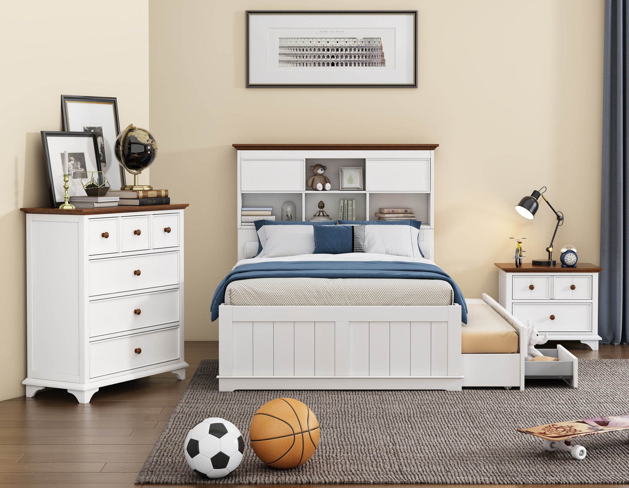 Royard Oaktree 3 Pieces Wooden Captain Bedroom Set Bed with Trundle, 2-Drawer Nightst, 6-Drawer Dresser, White + Walnut