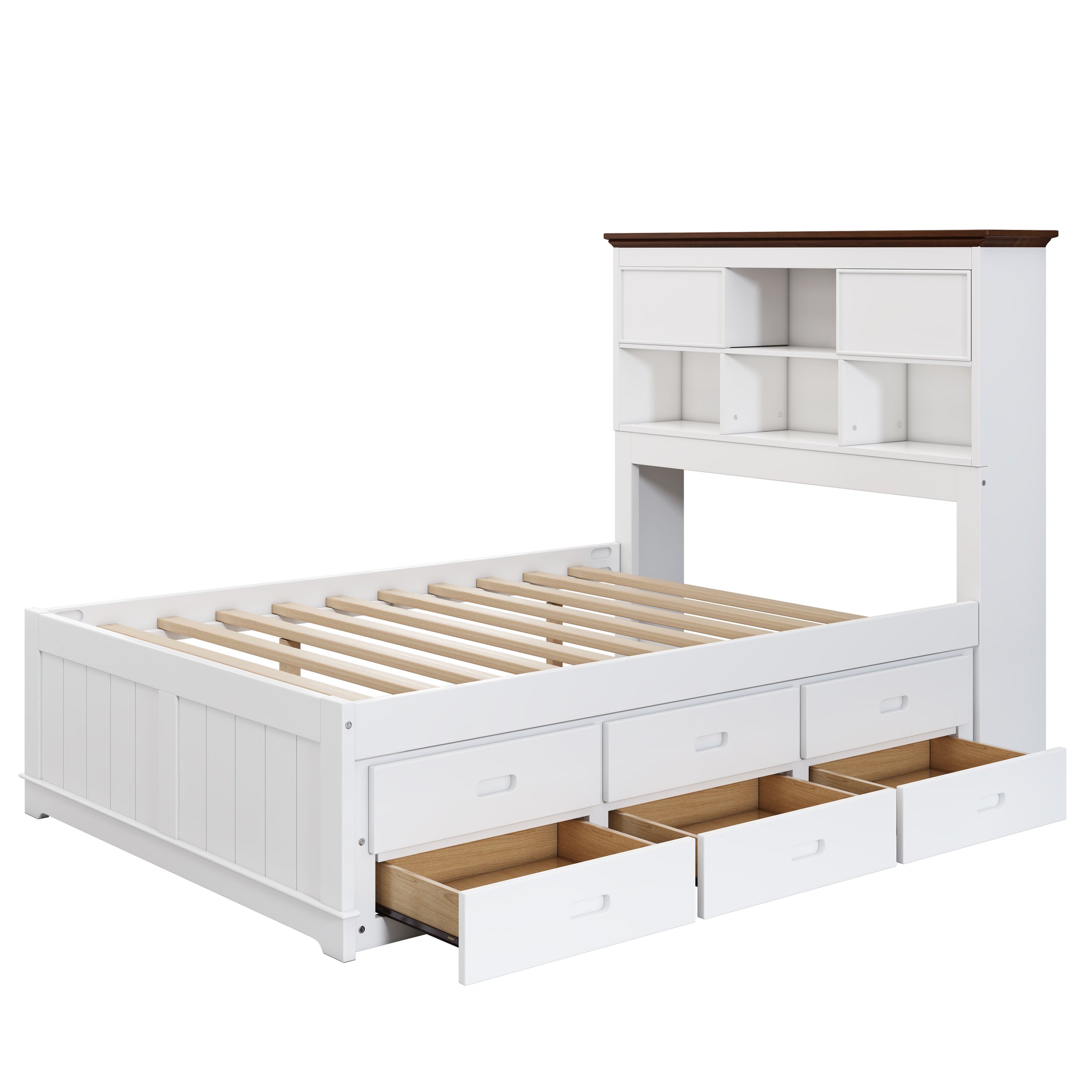 Royard Oaktree Solid Pine Captain Bed with Trundle and Bookcase Wood Platform Bed Frame with 3 Spacious Under Bed Drawers in Casual, White+Walnut