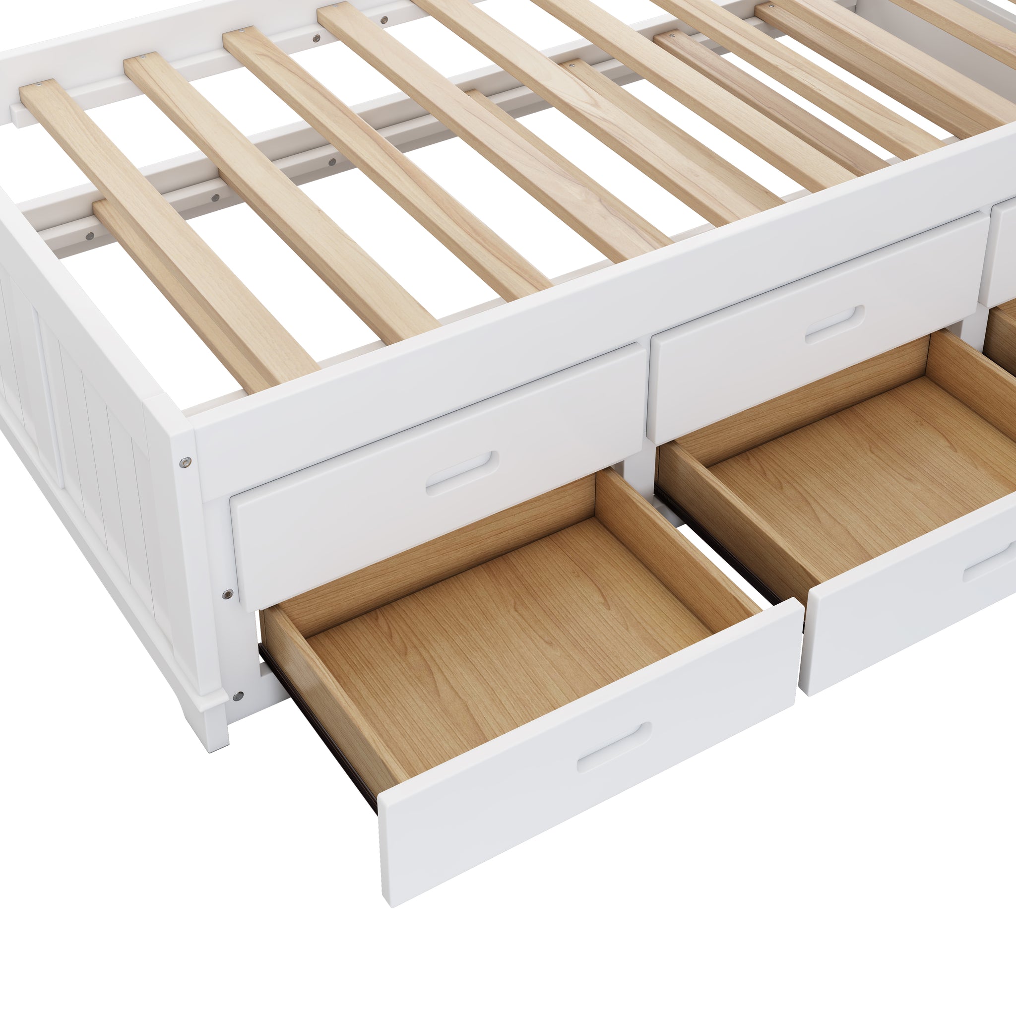 Royard Oaktree Solid Pine Captain Bed with Trundle and Bookcase Wood Platform Bed Frame with 3 Spacious Under Bed Drawers in Casual, White+Walnut