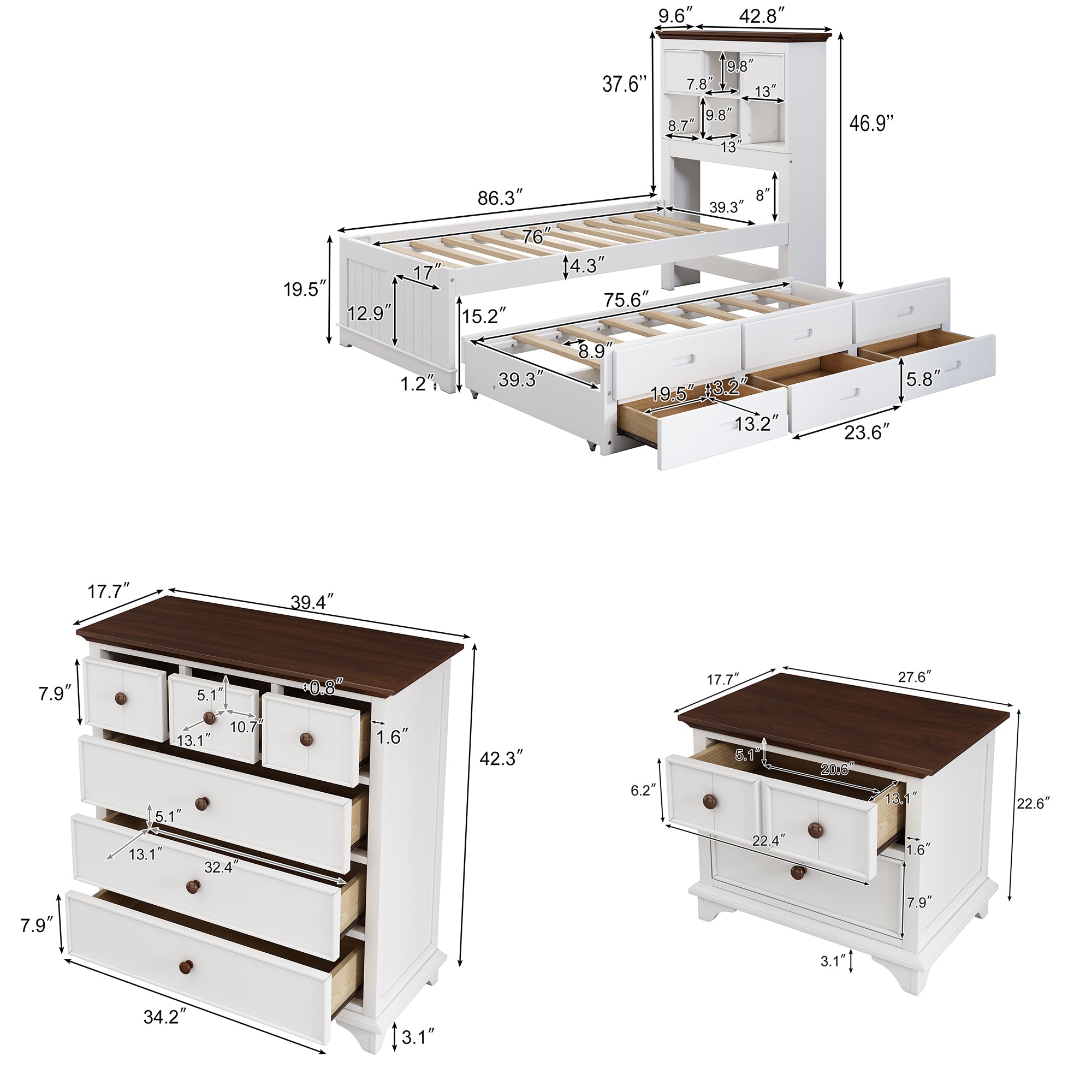 Royard Oaktree 3 Pieces Wooden Captain Bedroom Set Bed with Trundle, 2-Drawer Nightst, 6-Drawer Dresser, White + Walnut