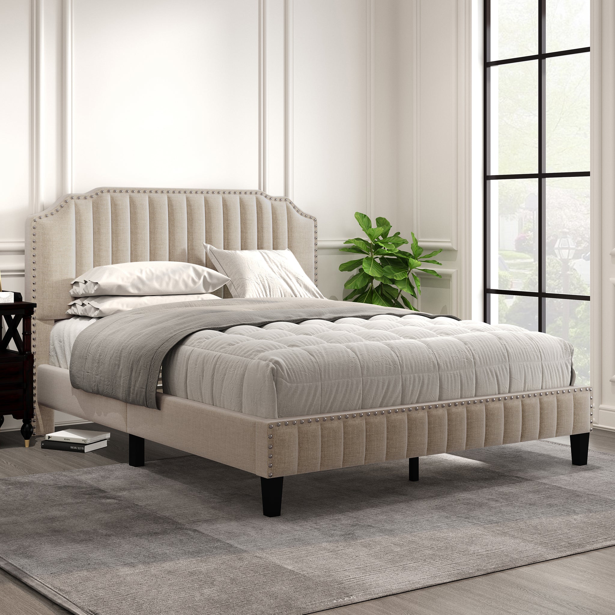 Royard Oaktree Platform Bed Frame Tufted Curved Headboard Linen Upholstered Bed with Solid Wood Frame and Slats, Nailhead Trim, No Box Spring Needed