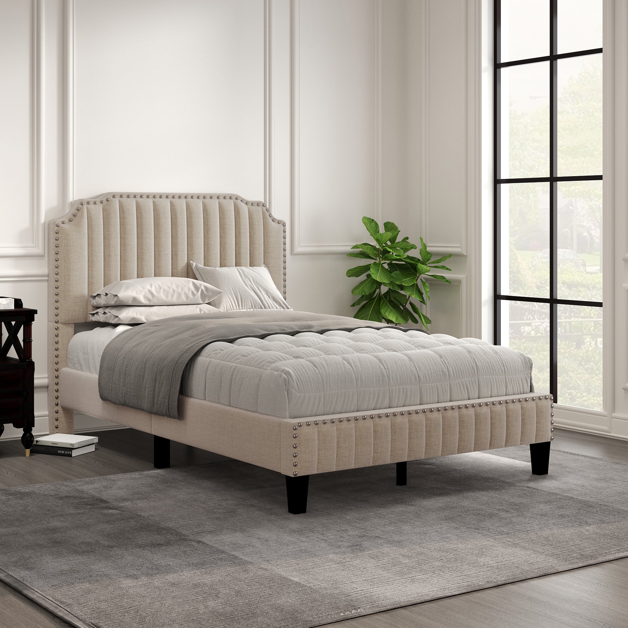 Royard Oaktree Platform Bed Frame Tufted Curved Headboard Linen Upholstered Bed with Solid Wood Frame and Slats, Nailhead Trim, No Box Spring Needed