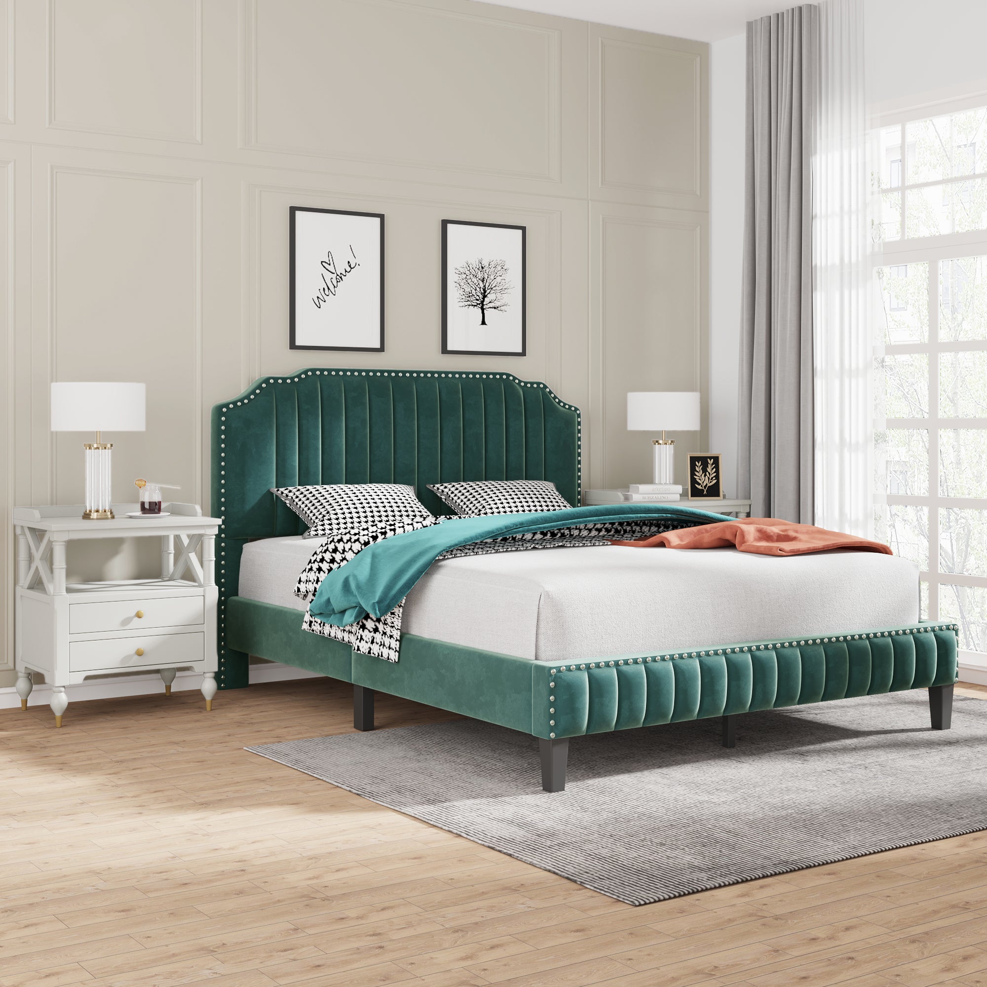 Royard Oaktree 3 Pieces Bedroom Set Platform Bed with Tufted Curved Headboard Upholstered Bed Frame with Two Cherry Nightstands