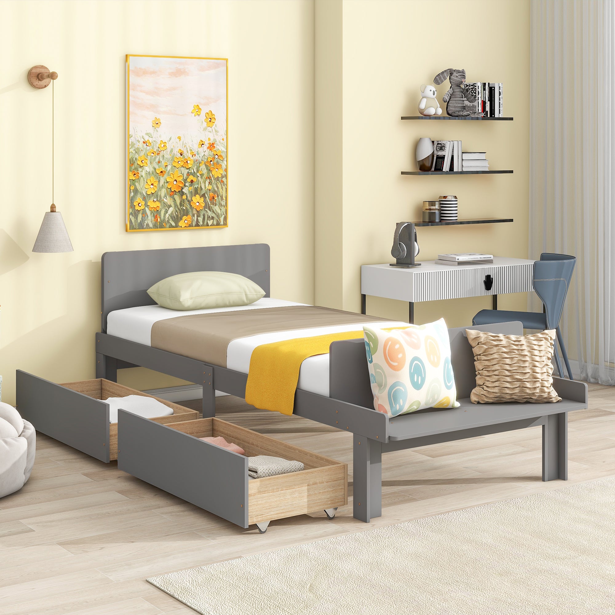 Royard Oaktree Wood Platform Bed Frame with Headboard and Footboard Bench Modern Bed Frame with 2 Storage Drawers