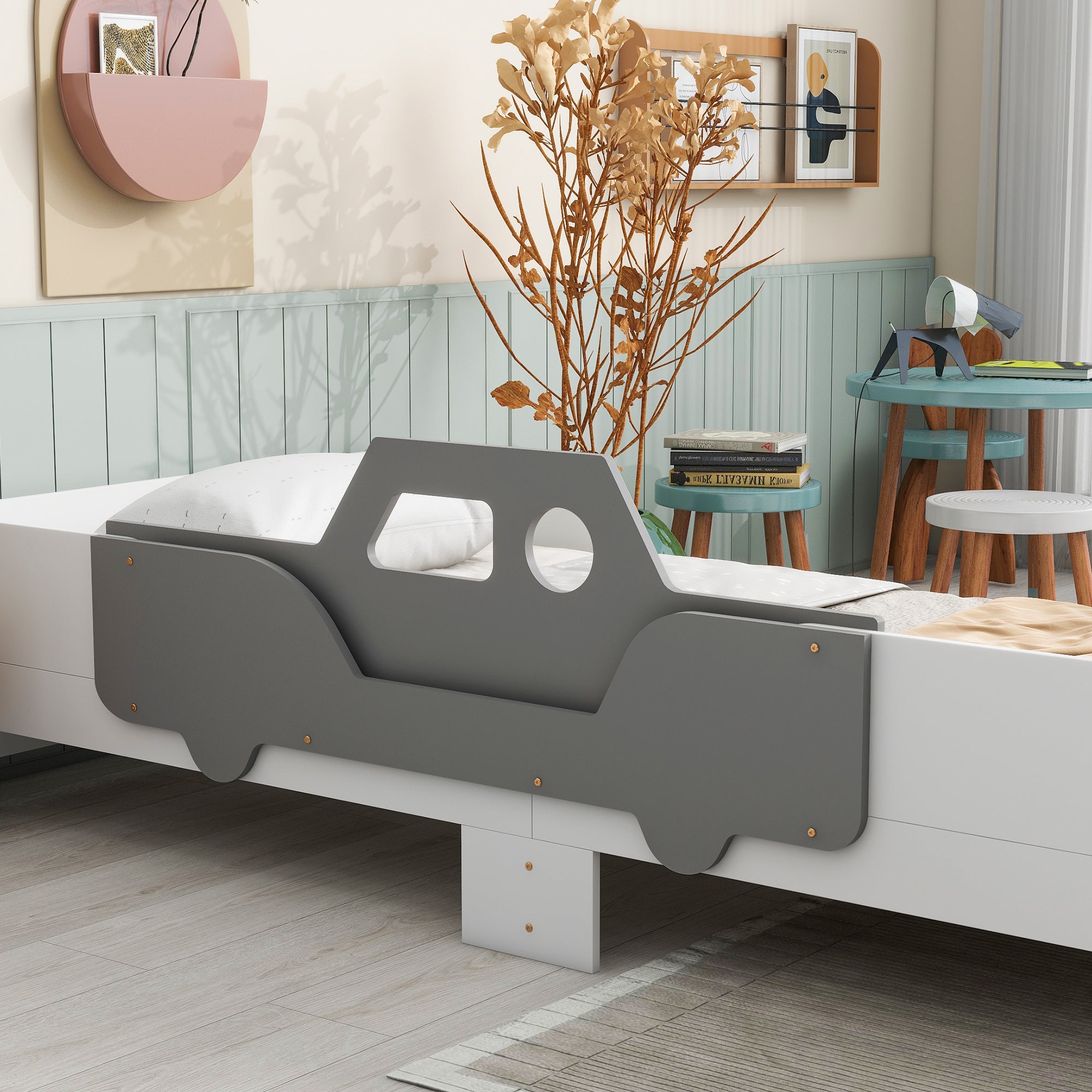 Royard Oaktree Car-Shaped Bed Twin Size Platform Bed Frame with Guardrail and Bench Footboard, White