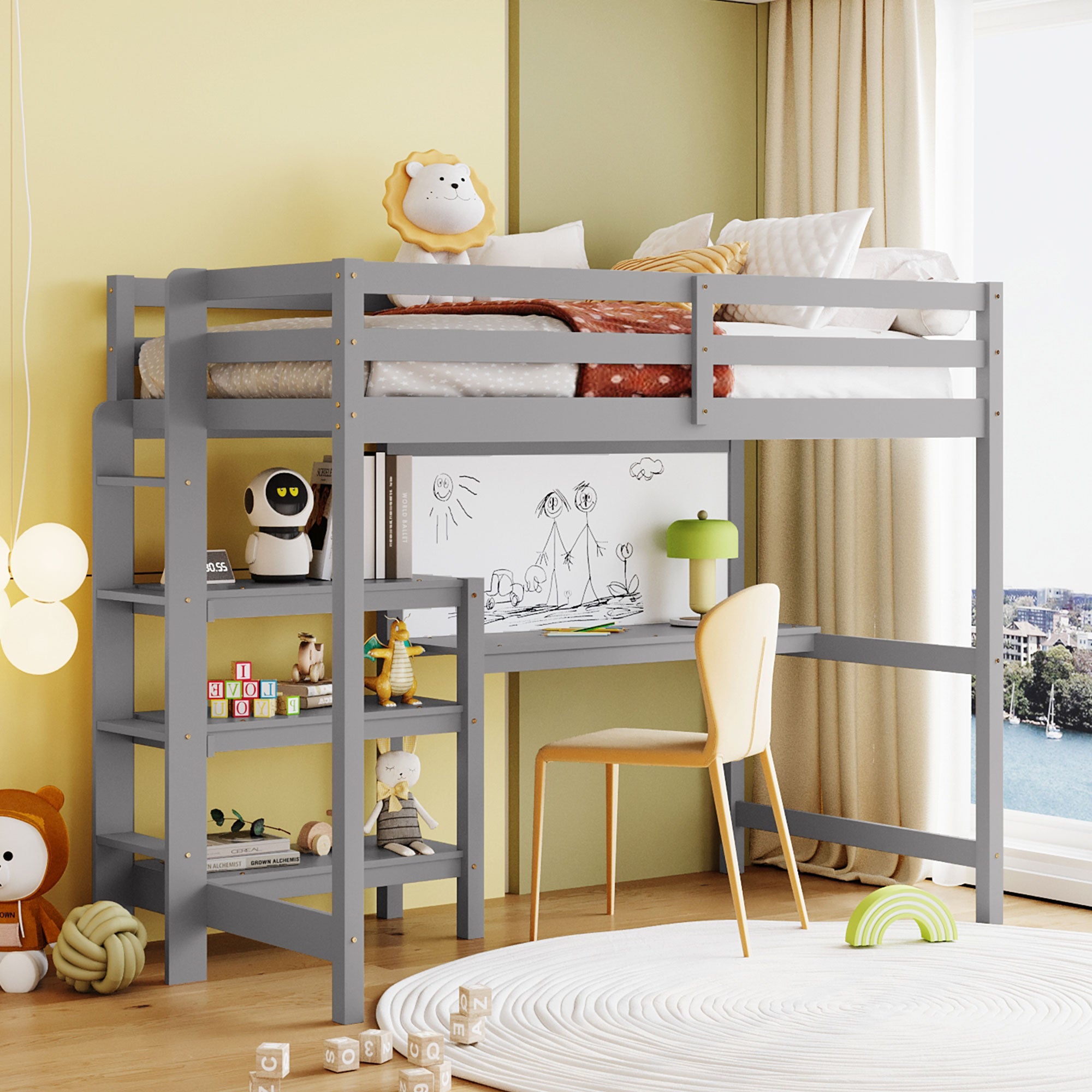 Royard Oaktree Loft Bed with Built-in Desk Shelves and Writing Board Wooden Loft Bed Frame with Guardrail and Ladder, No Box Spring Needed